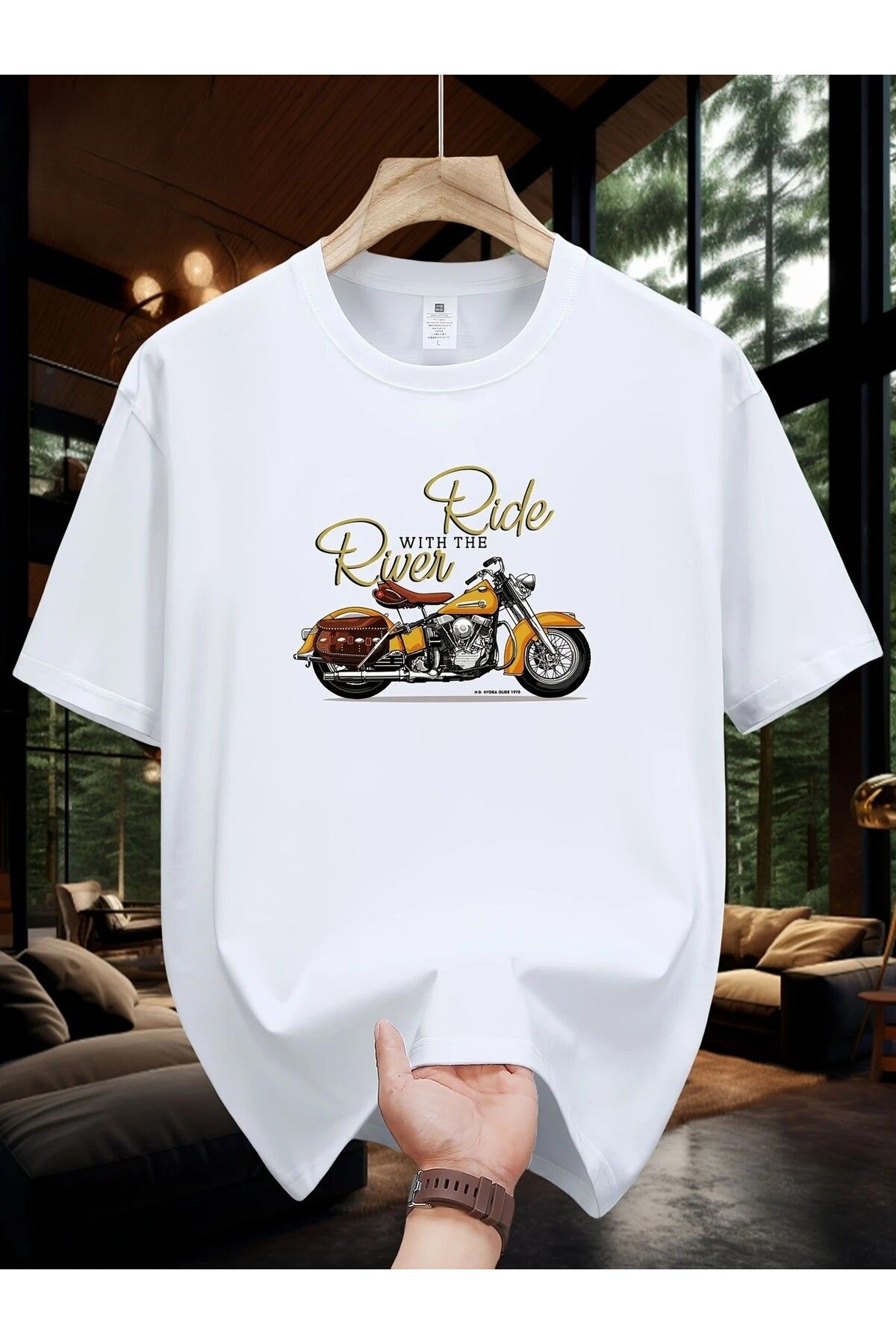 Massgai Unisex Ride River Motorcycle Baskılı Oversize %100 Pamuk T-shirt
