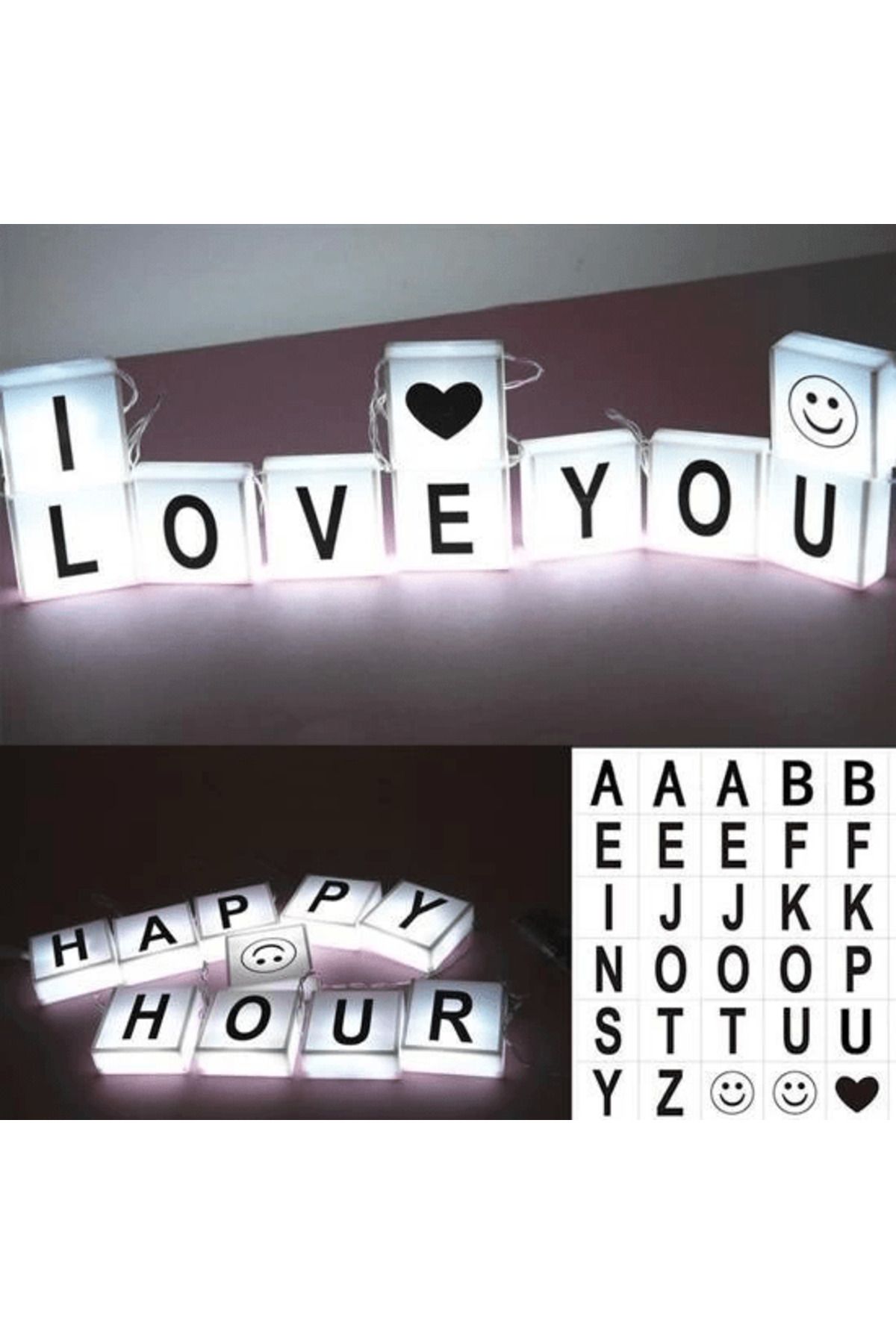 merland benvecocuk 10lu Lightbox Işıklı Harf Mesaj Panosu Dekoratif Harf Işık Zinciri ( Lisinya )