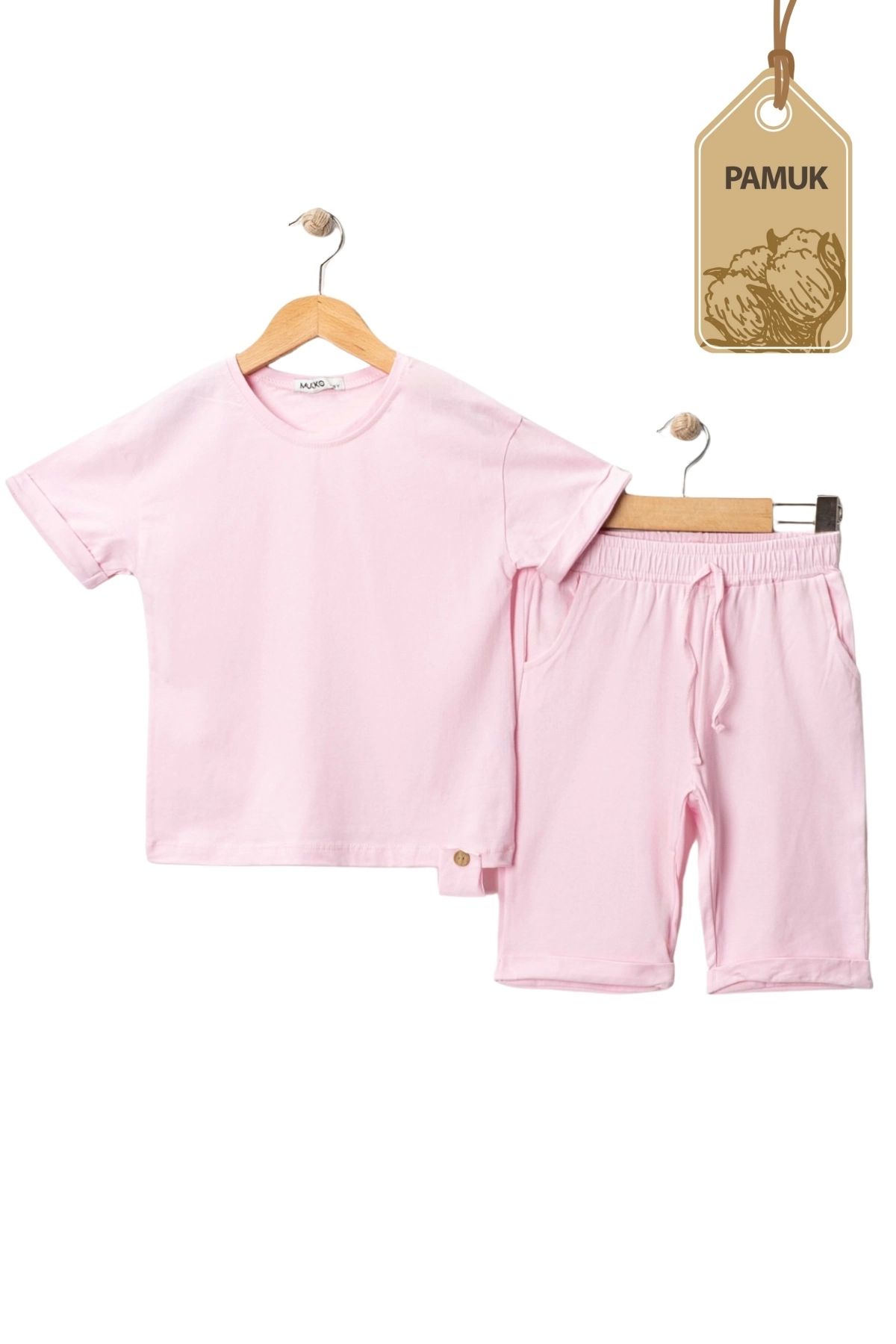 MK Mukko Kids Kız Erkek Çocuk Tahta Düğmeli Tasarım Basic Yazlık Pudra Alt Üst Takım
