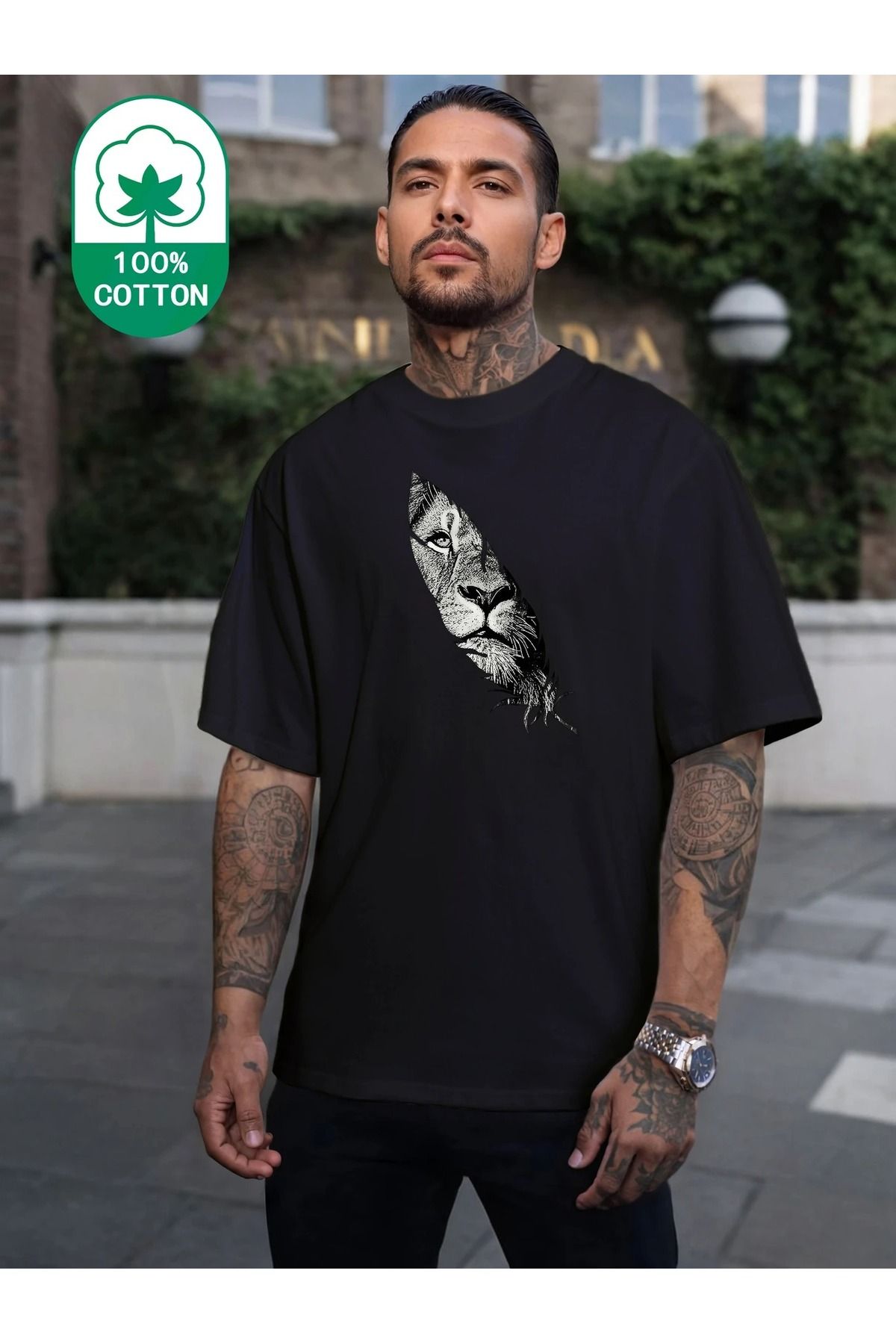 Massgai Unisex Aslan Tiger Baskılı Oversize %100 Pamuk T-shirt