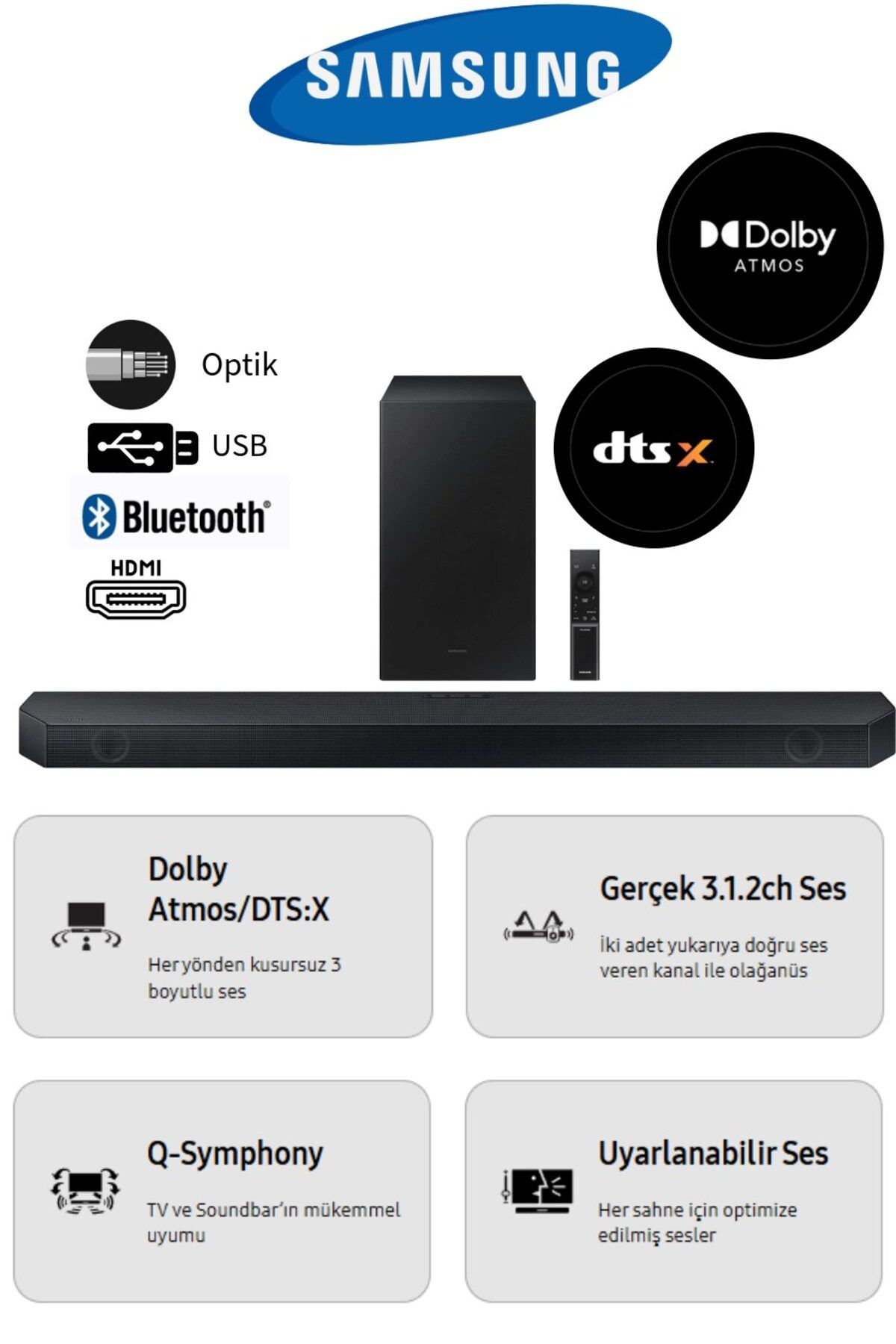 Samsung Her yönden kusursuz 3 boyutlu ses Q Serisi Dolby Atmos ve DTS:X 360W Soundbar HW-Q600