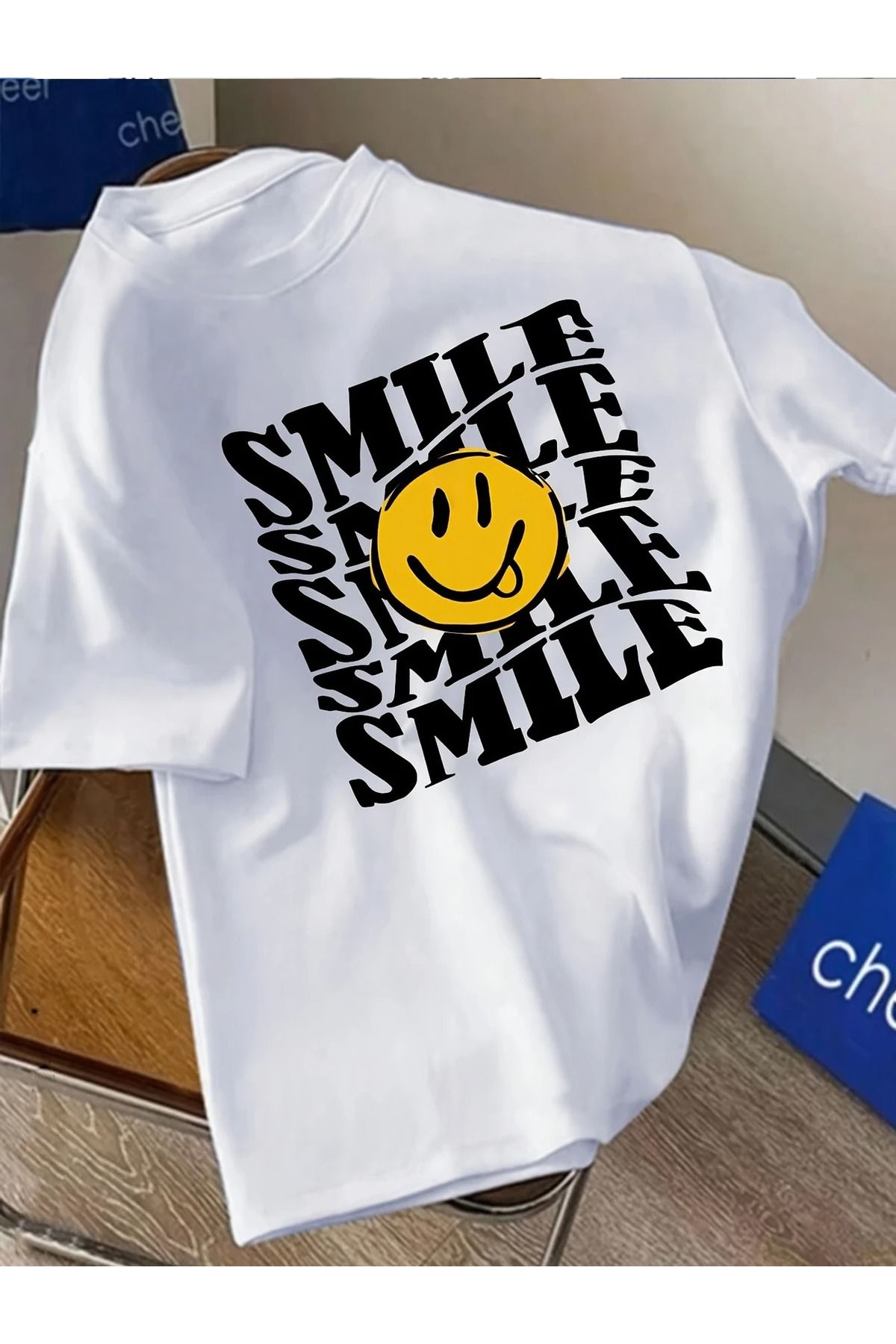Massgai Unisex Smile Emoji Baskılı Oversize %100 Pamuk T-shirt