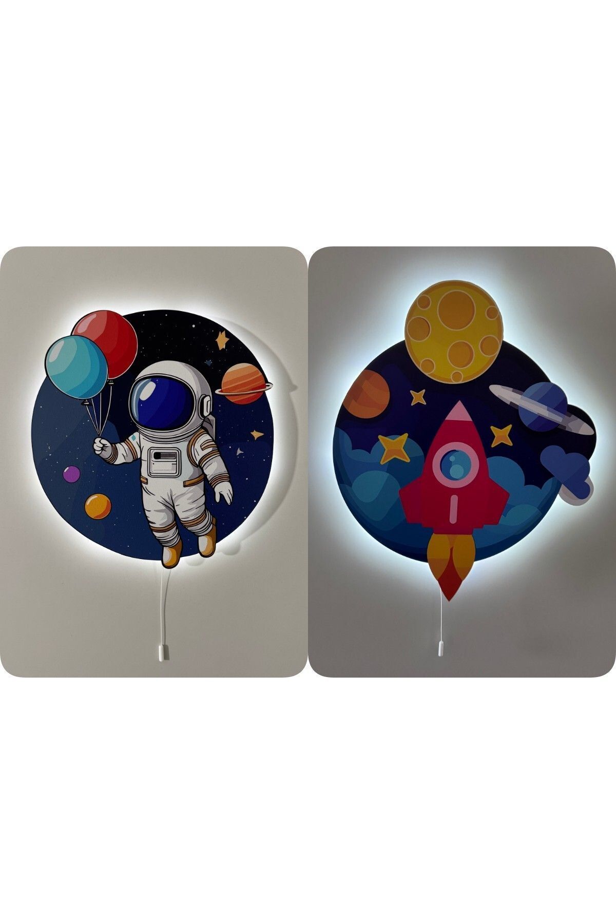 SerenityHaven Dekoratif Ahşap Baskılı Balonlu Astronot ve Uzay Temalı Çocuk Odası Gece Lambası (2'Lİ ÜRÜN)