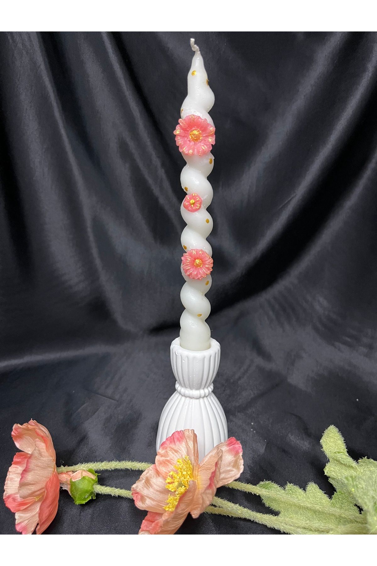Nis Candle More Çiçek Detaylı Burgulu Kabartma Desen Şamdan Mum