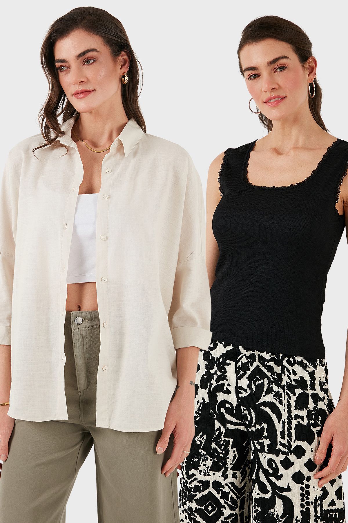 Lela Streç Pamuklu Oversize Fit 2' li Paket Gömlek-Atlet Set GÖMLEK-ATLET SET 67810014979S2