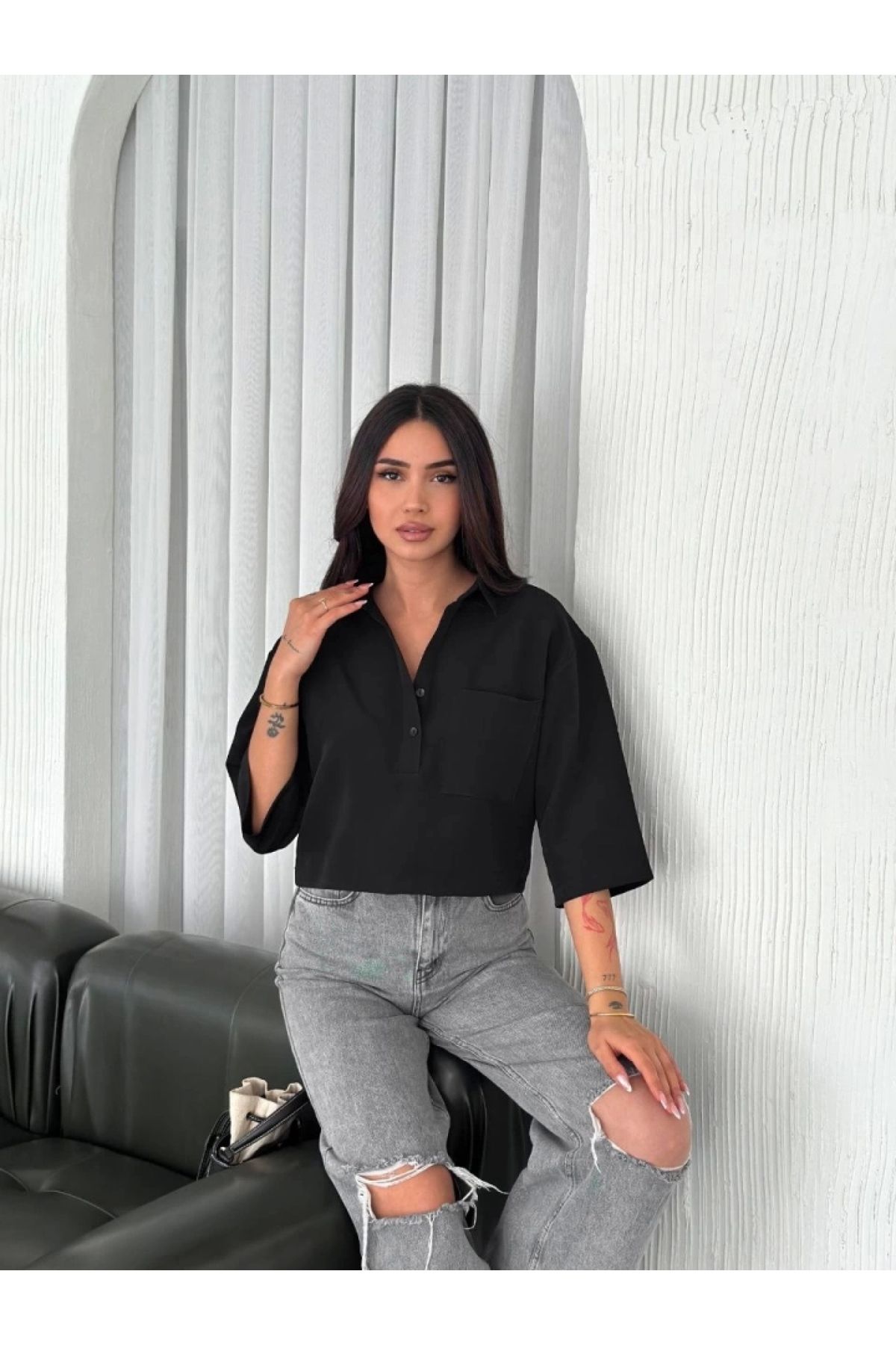 POLEXP Crop Yakalı Siyah Gömlek - Üç Çeyrek Sleeve Kol
