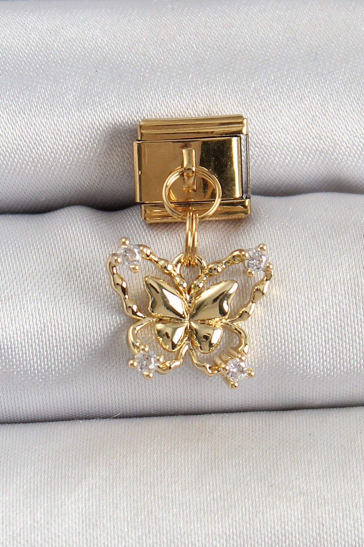 Avantaj Kapıda ® 316L Çelik Sallantılı Zirkon Taşlı Kelebek Model Gold Renk Nomination Charm