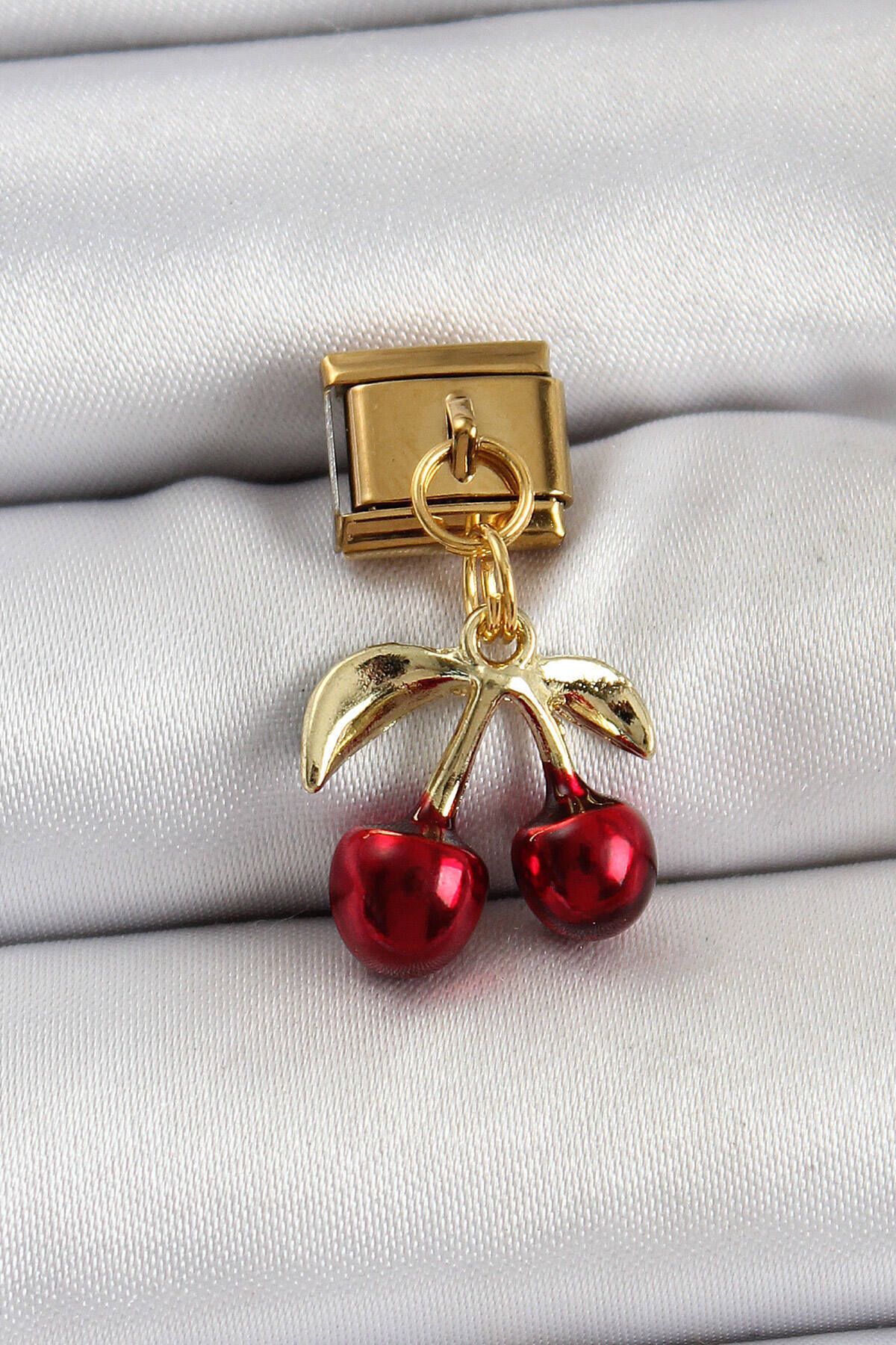 Avantaj Kapıda ® 316L Çelik Sallantılı Kırmızı Kiraz Model Gold Renk Nomination Charm