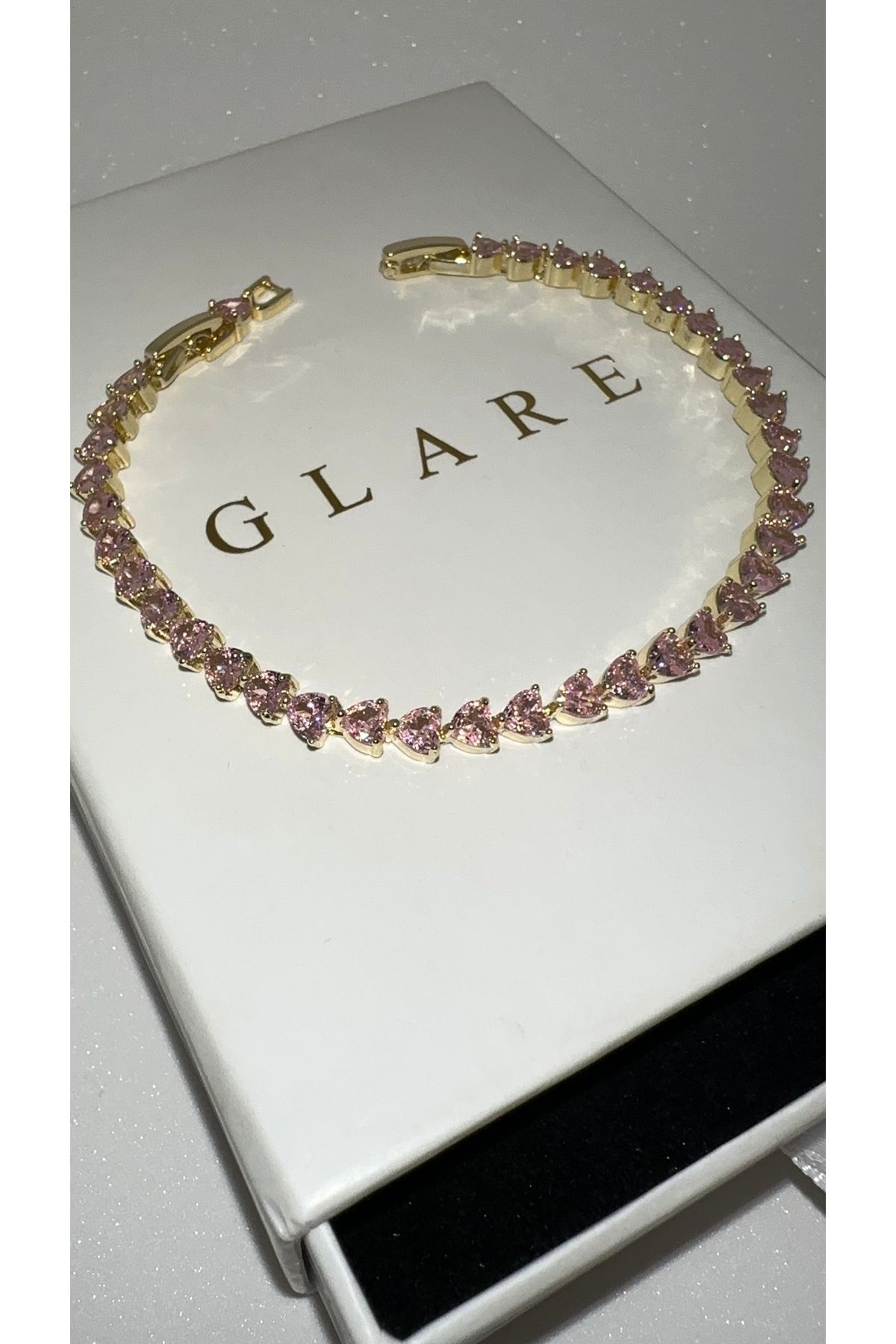 GLARE JEWELRY Pembe Kalp Taşlı Gold Gümüş Rodyumlu Lüks Pırlanta Modeli Zincir Çelik Bileklik 15+3cm