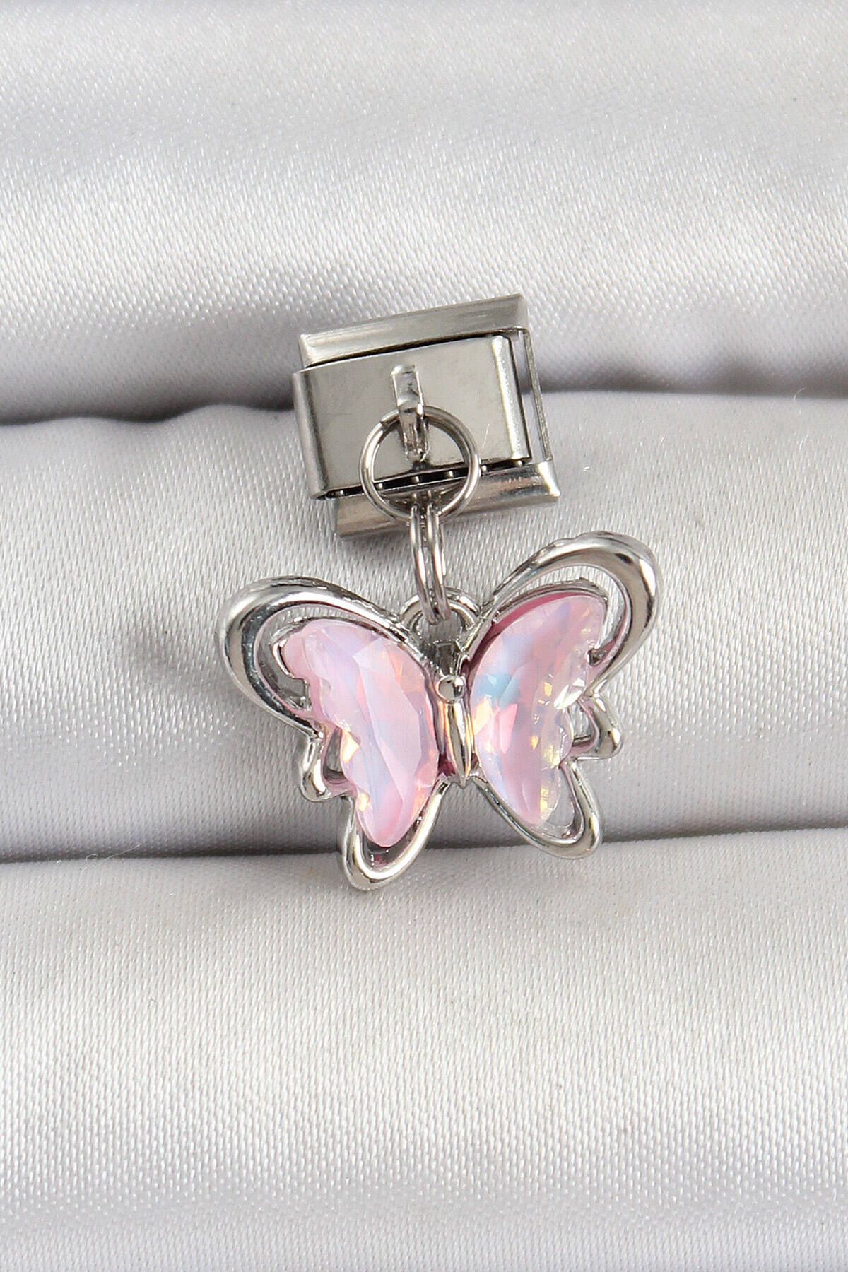 Avantaj Kapıda ® 316L Çelik Gümüş Renk Pembe Kelebek Nomination Charm