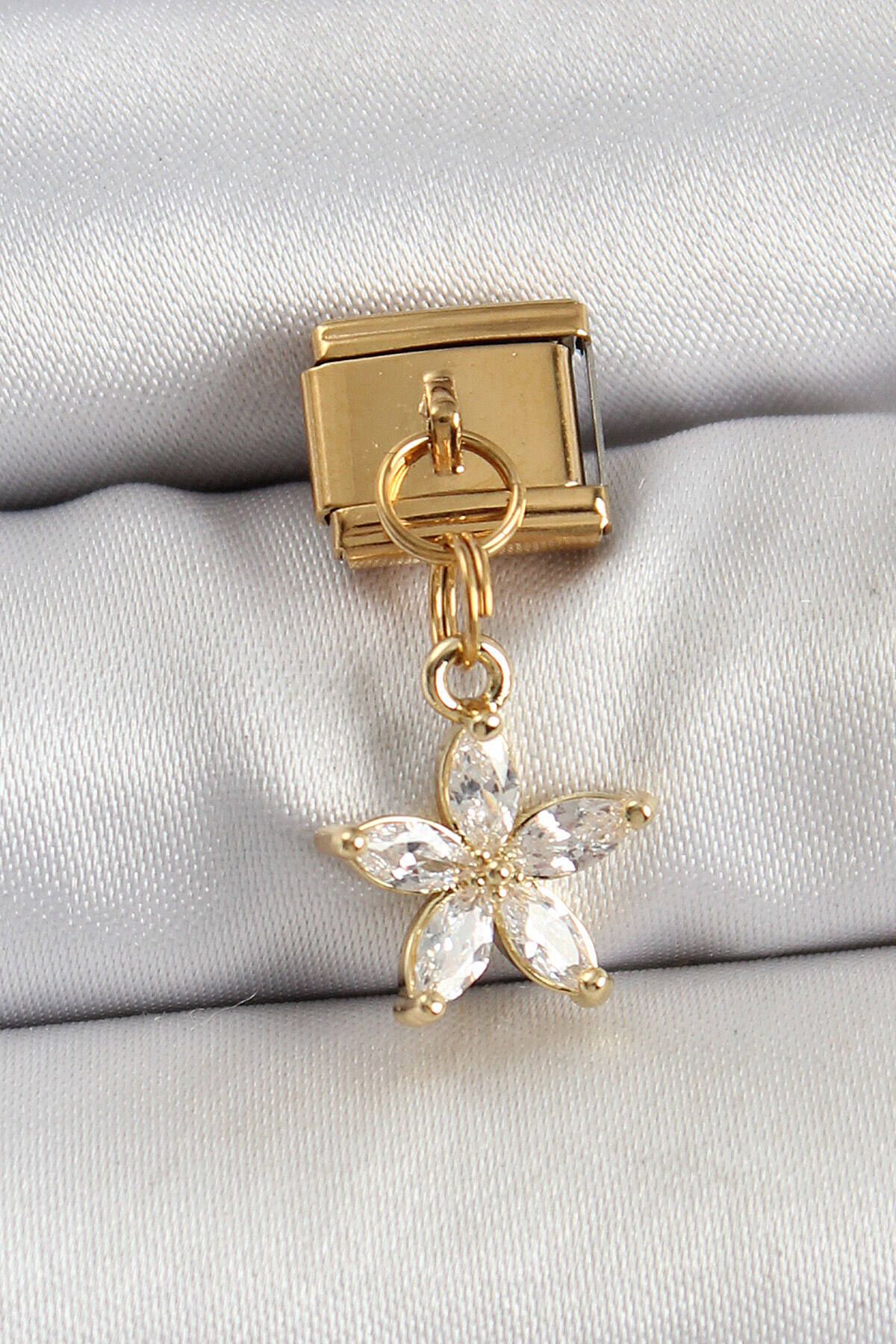 Avantaj Kapıda ® 316L Çelik Sallantılı Zirkon Taşlı Çiçek Model Gold Renk Nomination Charm