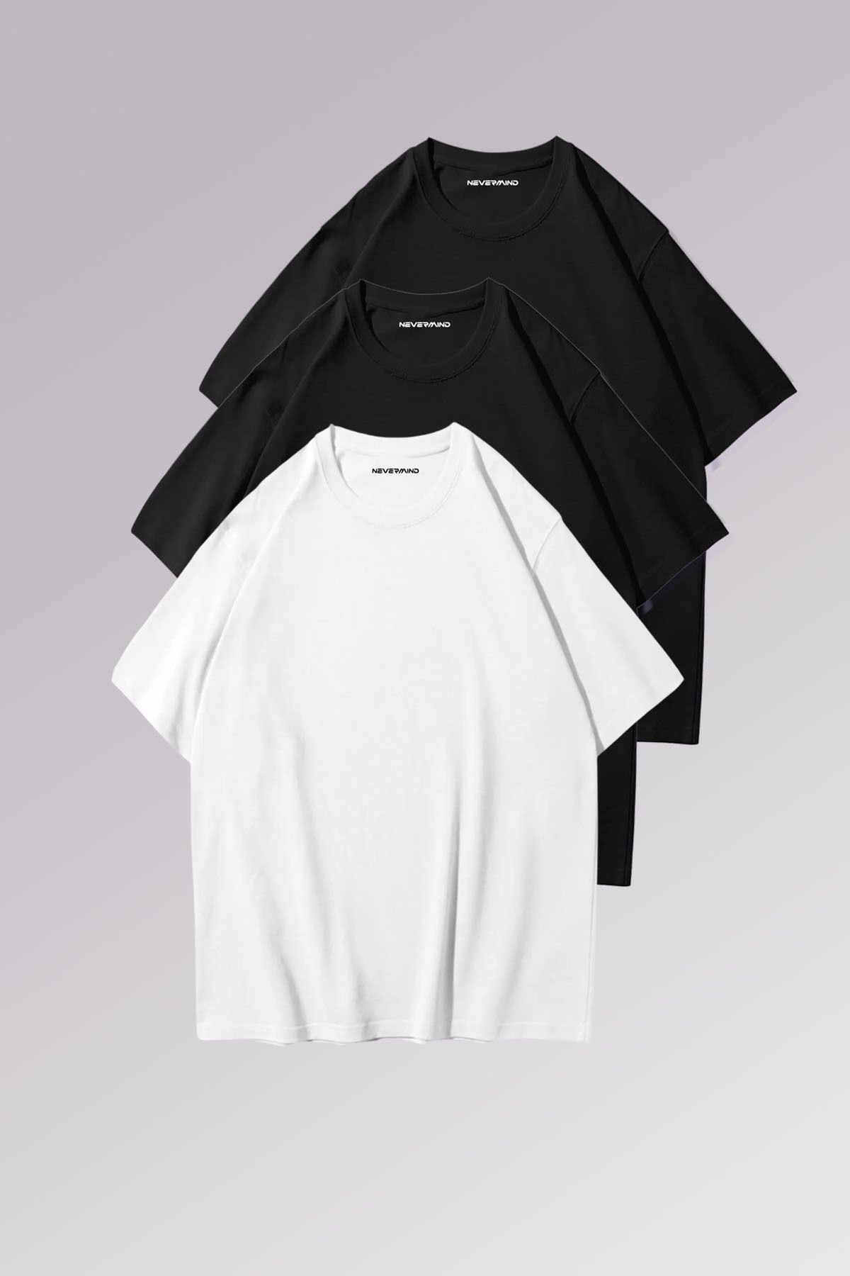NEVERMIND Erkek Siyah Beyaz %100 Pamuklu 3’lü T-shirt Paketi