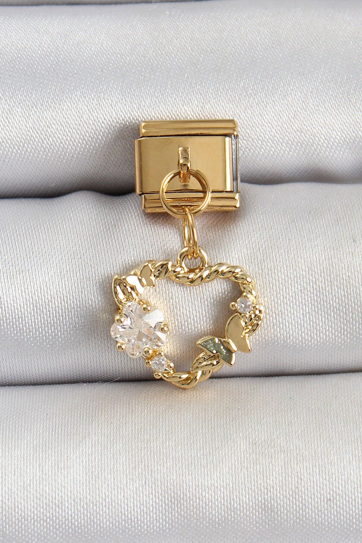 Avantaj Kapıda ® 316L Çelik Sallantılı Zirkon Taşlı Kalp Model Gold Renk Nomination Charm
