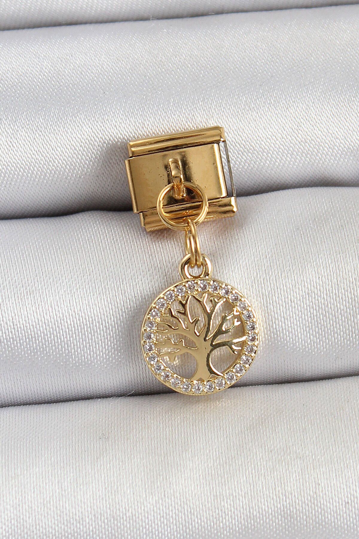 Avantaj Kapıda ® 316L Çelik Sallantılı Zirkon Taşlı Hayat Ağacı Model Gold Renk Nomination Charm