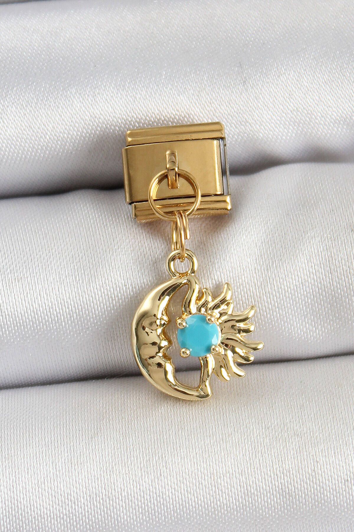 Avantaj Kapıda ® 316L Çelik Sallantılı Ay Ve Güneş Model Gold Renk Nomination Charm