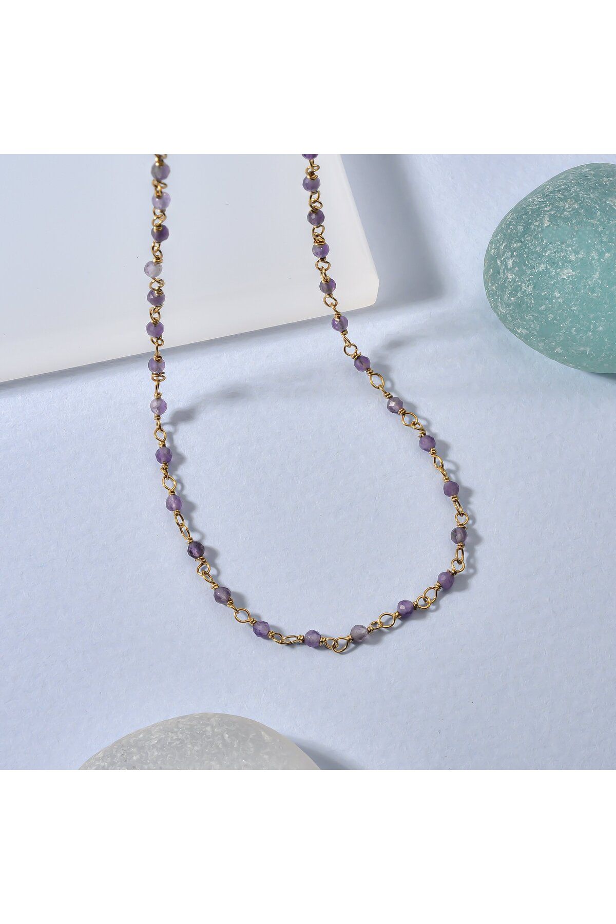 Nox Jewelry 14 Ayar Altın Kaplama Amethyst Doğal Taşlı El Yapımı Gümüş Kolye - CNS00633