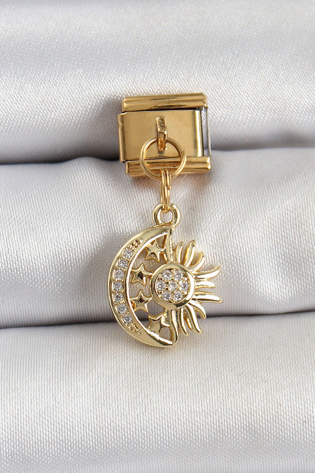 Avantaj Kapıda ® 316L Çelik Sallantılı Zirkon Taşlı Ay Ve Güneş Model Gold Renk Nomination Charm