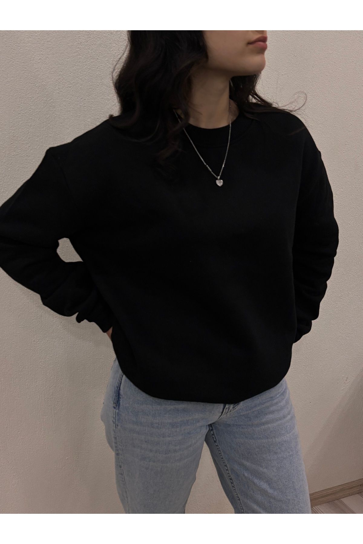 MODA Siyah Oversize unisex bisiklet yaka sweatshirt