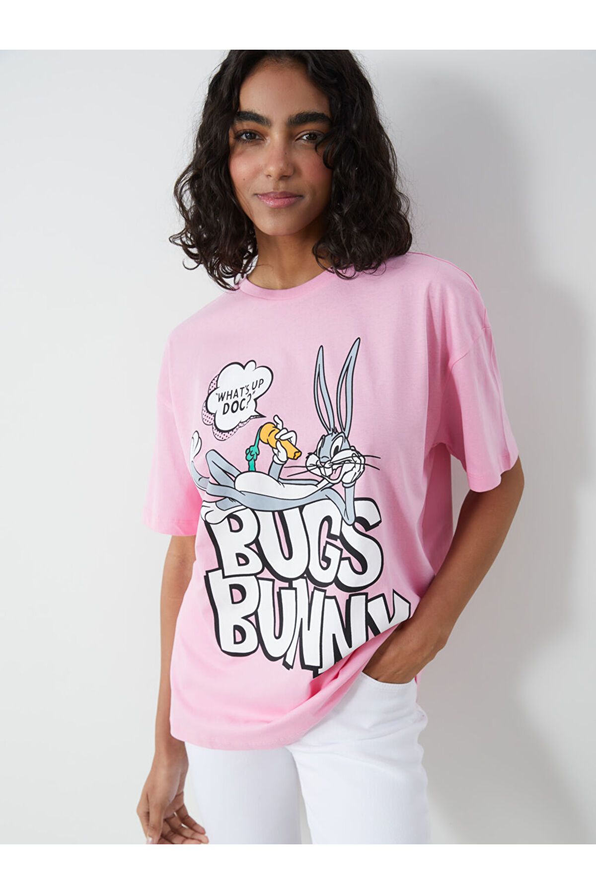 LC Waikiki XSIDE Pembe Bisiklet Yaka Bugs Bunny Baskılı Kadın Tişört S5GV88Z8NVY25