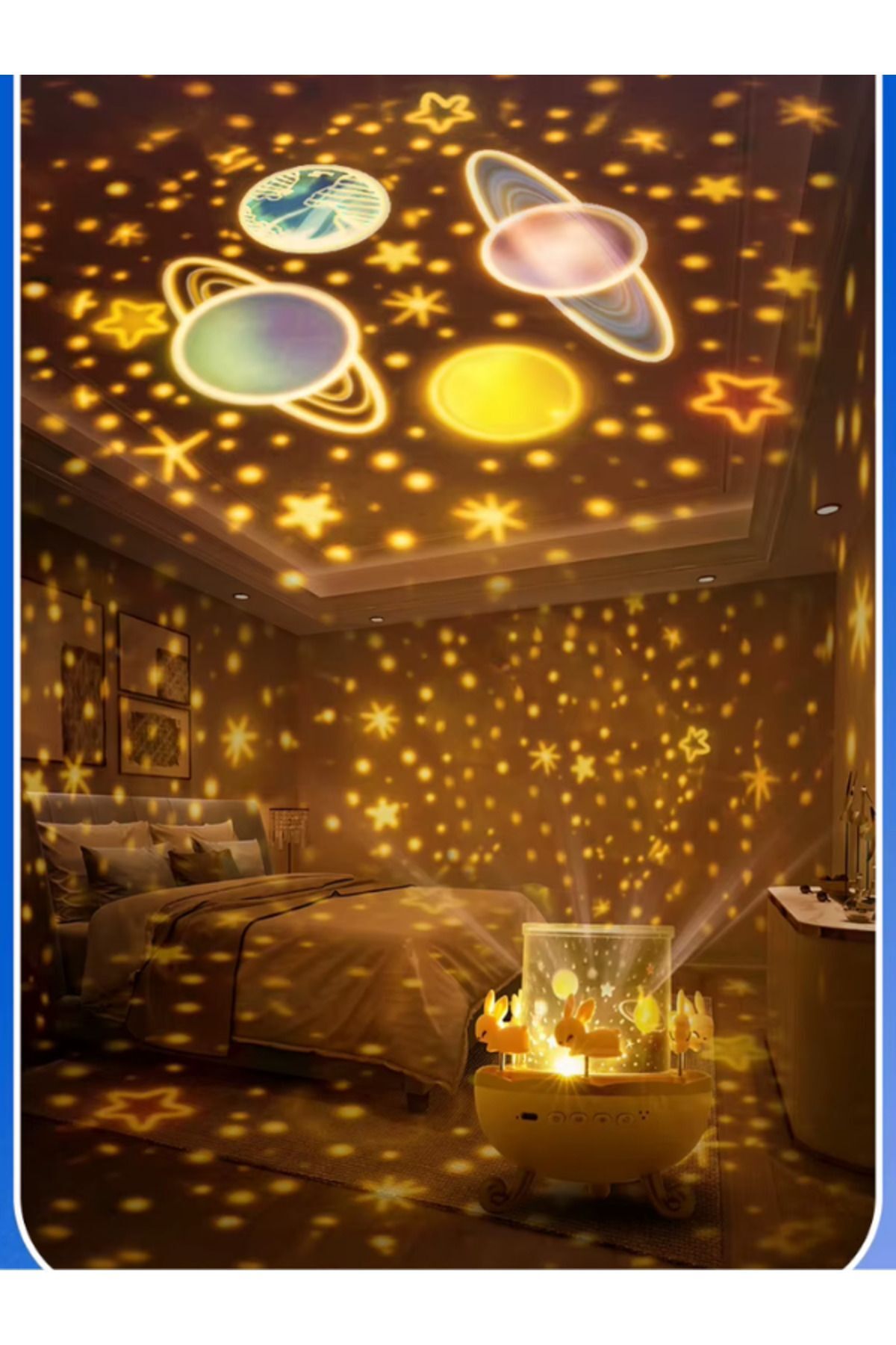 SerenityHaven Projektör Gece Lambası Dönen Çocuklar İçin Eğitici Bluetooth Hoparlör Gezengen Ay Yıldz Işıklı Masa