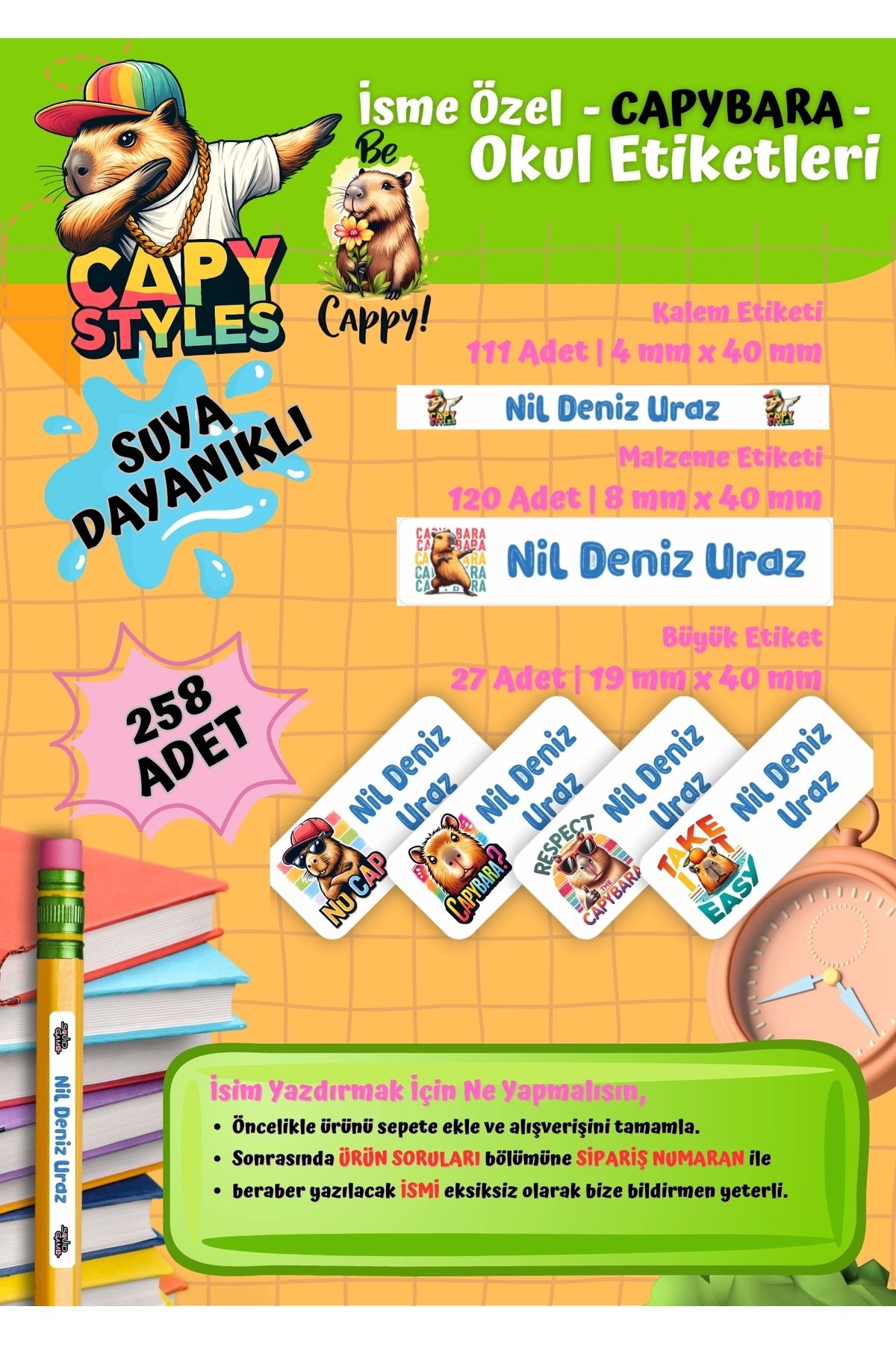 Ceres Studio Capybara Temalı Kişiye Özel Suya Dayanıklı Okul Etiketi Seti - 258 Adet İsimli Etiket