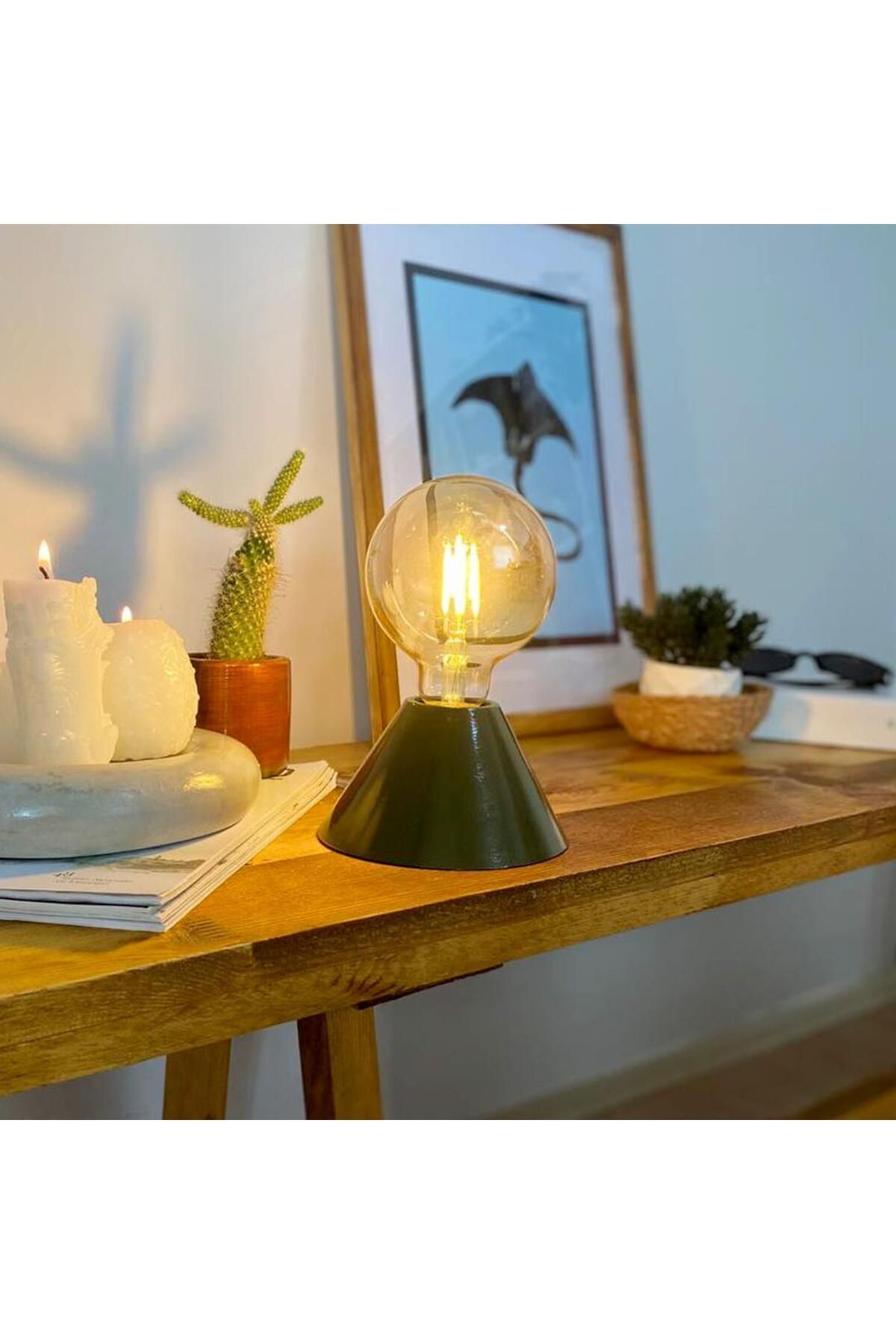 SerenityHaven Dml01064 - Haki Yeşili Geniş Konik Gövde 4w G95 Rustik Ampul Dekoratif Masa Üstü Lamba