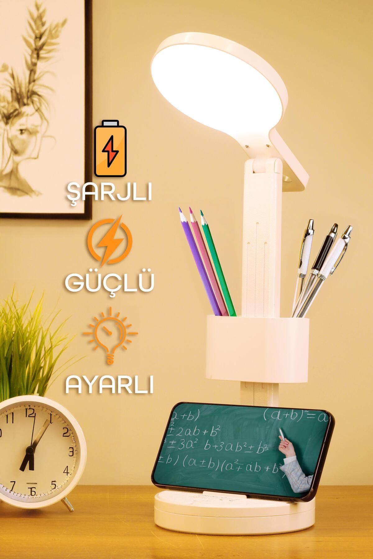 SerenityHaven Şarjlı Masa Lambası Renk Ayarlı Kalemlik Telefon Standlı Dokunmatik Dimmerli Çalışma Okuma Işığı S9