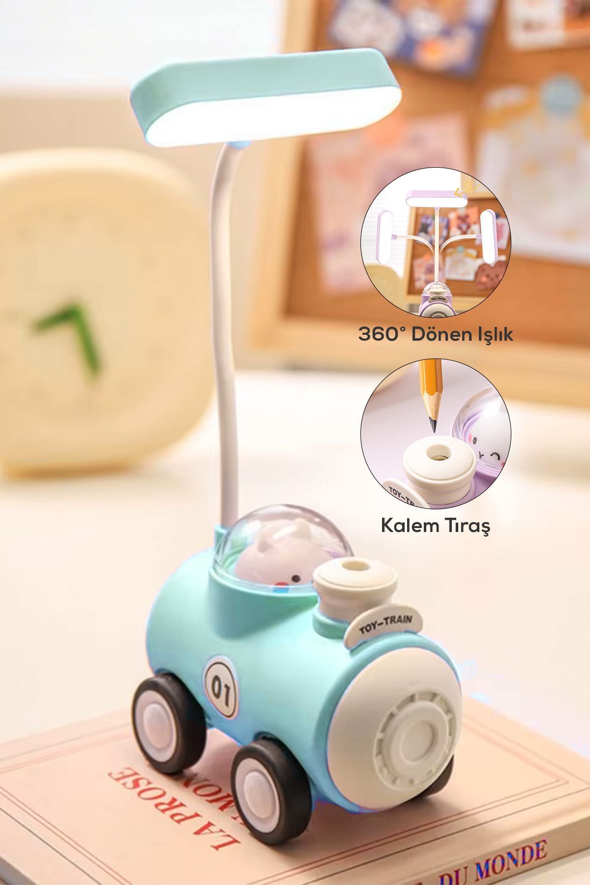 SerenityHaven Tren Görünümlü Kalemtıraşlı Gece Lambası Mavi Renk