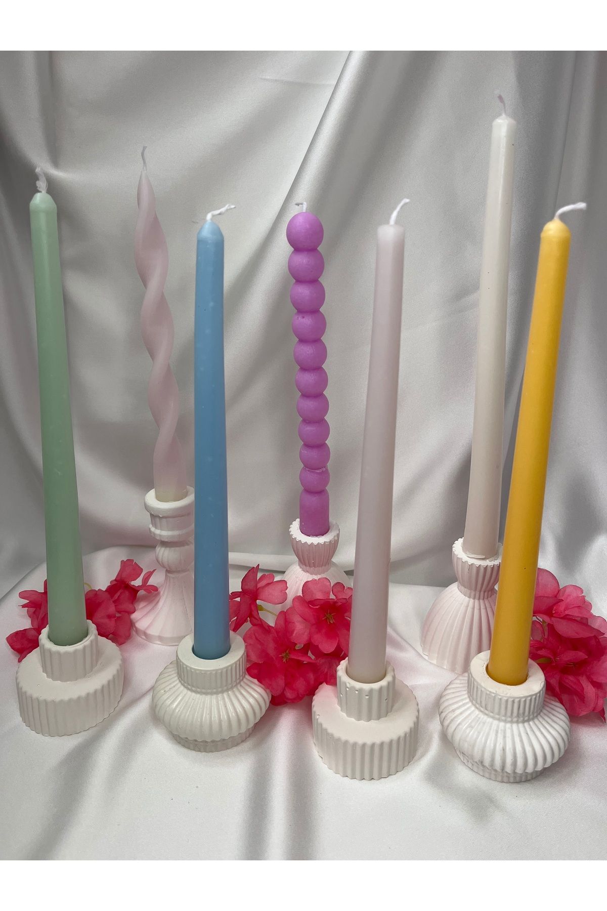 Nis Candle More 7'li renkli- kıvrımlı- boncuklu şamdan mum