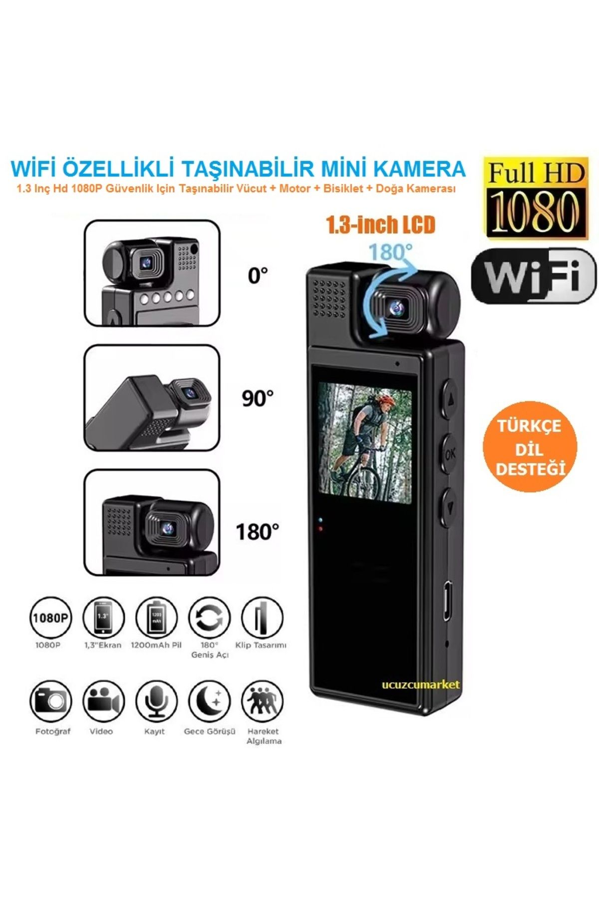 Kalite WİFİ Özellikli Taşınabilir Mini Kamera 1.3 Inç Hd 1080P Güvenlik Için Taşınabilir Vücut Kamera