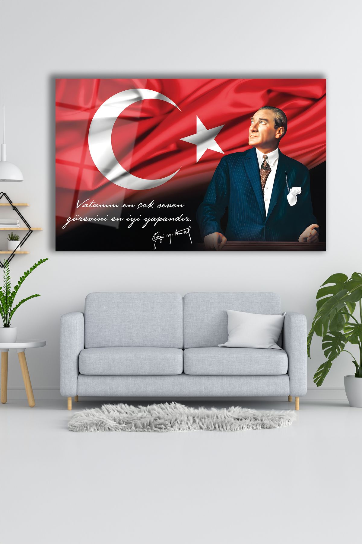 Mhawk Atatürk ve Türk Bayrağı Cam Tablo Ev ve Ofis Hediyelik Duvar Dekoru