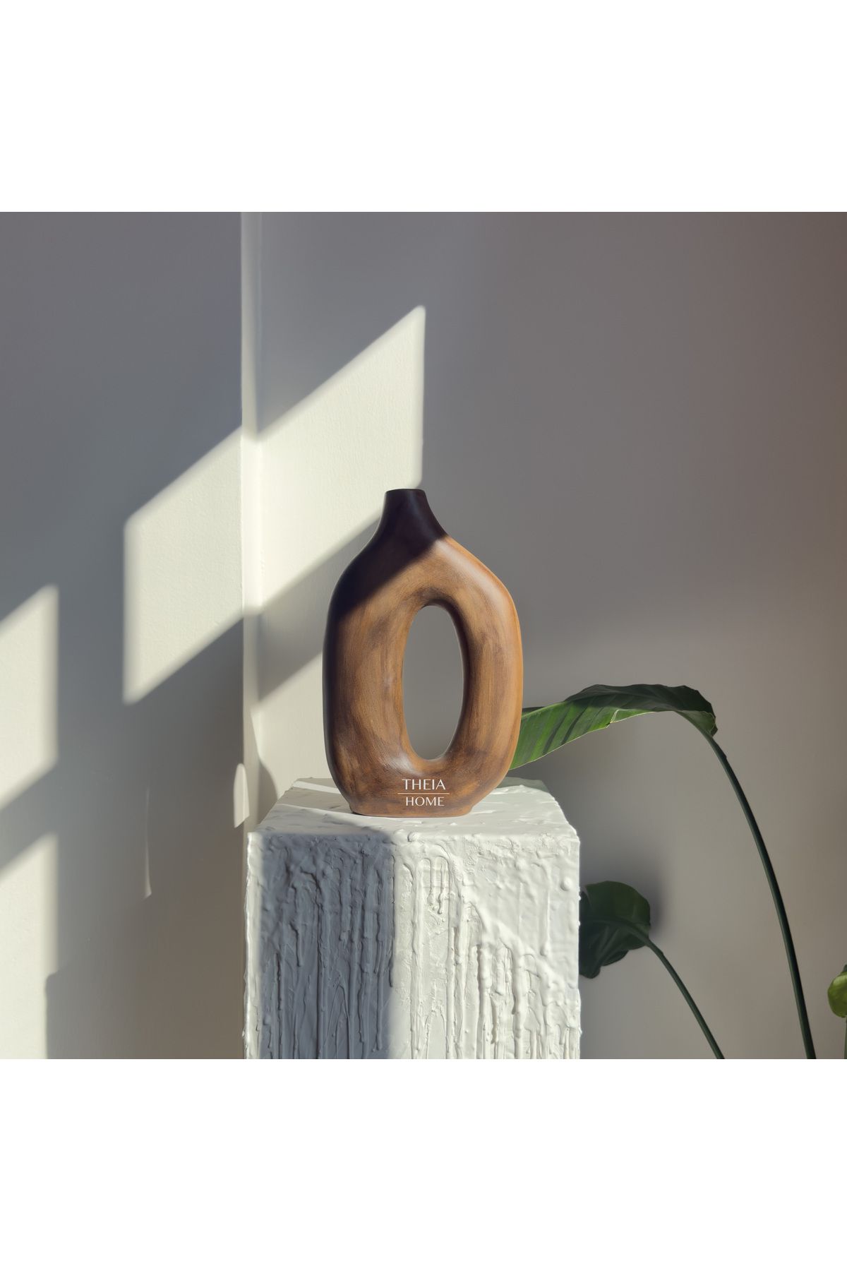THEIA HOME Seramik Ahşap Görünümlü Modern Oval Geçit Vazo