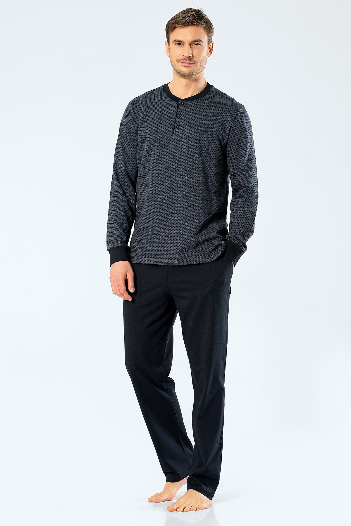 NazikEndam cachare Erkek Jakarlı Noktalı Patlı Pijama Takım 2197/Füme