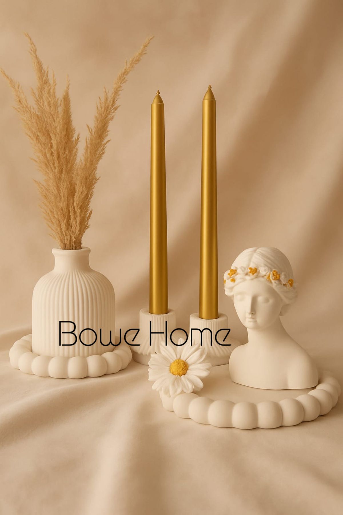 BOWEHOME " ZERAFETİN IŞIĞINDA ALTIN DOKUNUŞLAR " ADLI VAZO & ŞAMDAN & MUM & ANTİK HEYKEL & TABAK SETİ