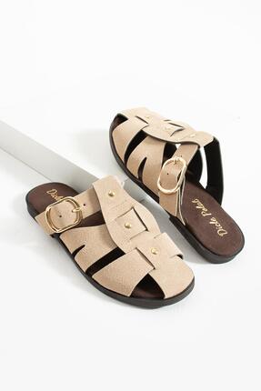 diclepolat Sarra Bej Süet Kemer Detaylı Düz Taban Kadın Terlik