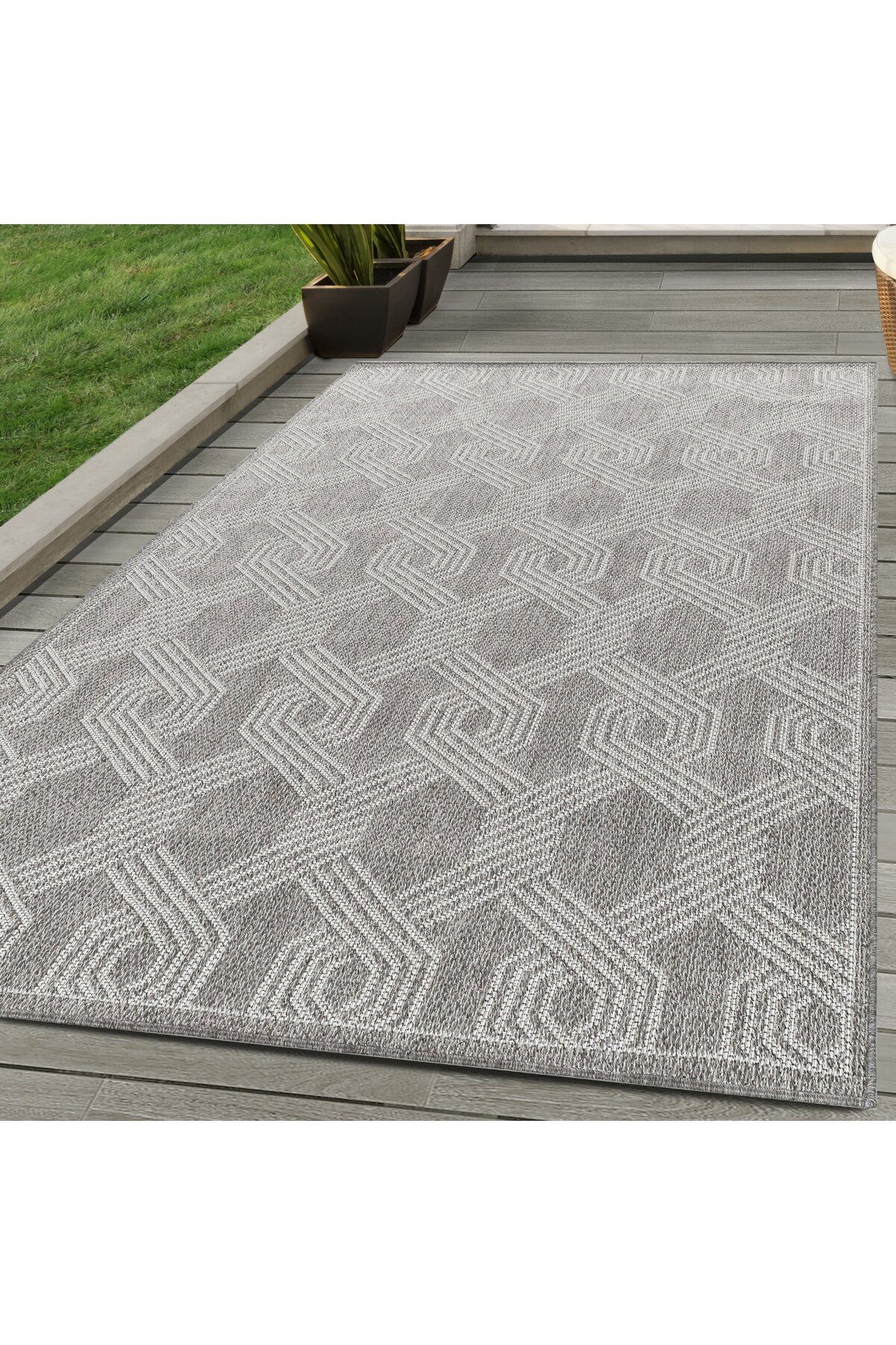Karpetica Dış Mekan Teras Halısı Sisal Hasır görünümlü Örgü desenli Gri Dokuma Halı