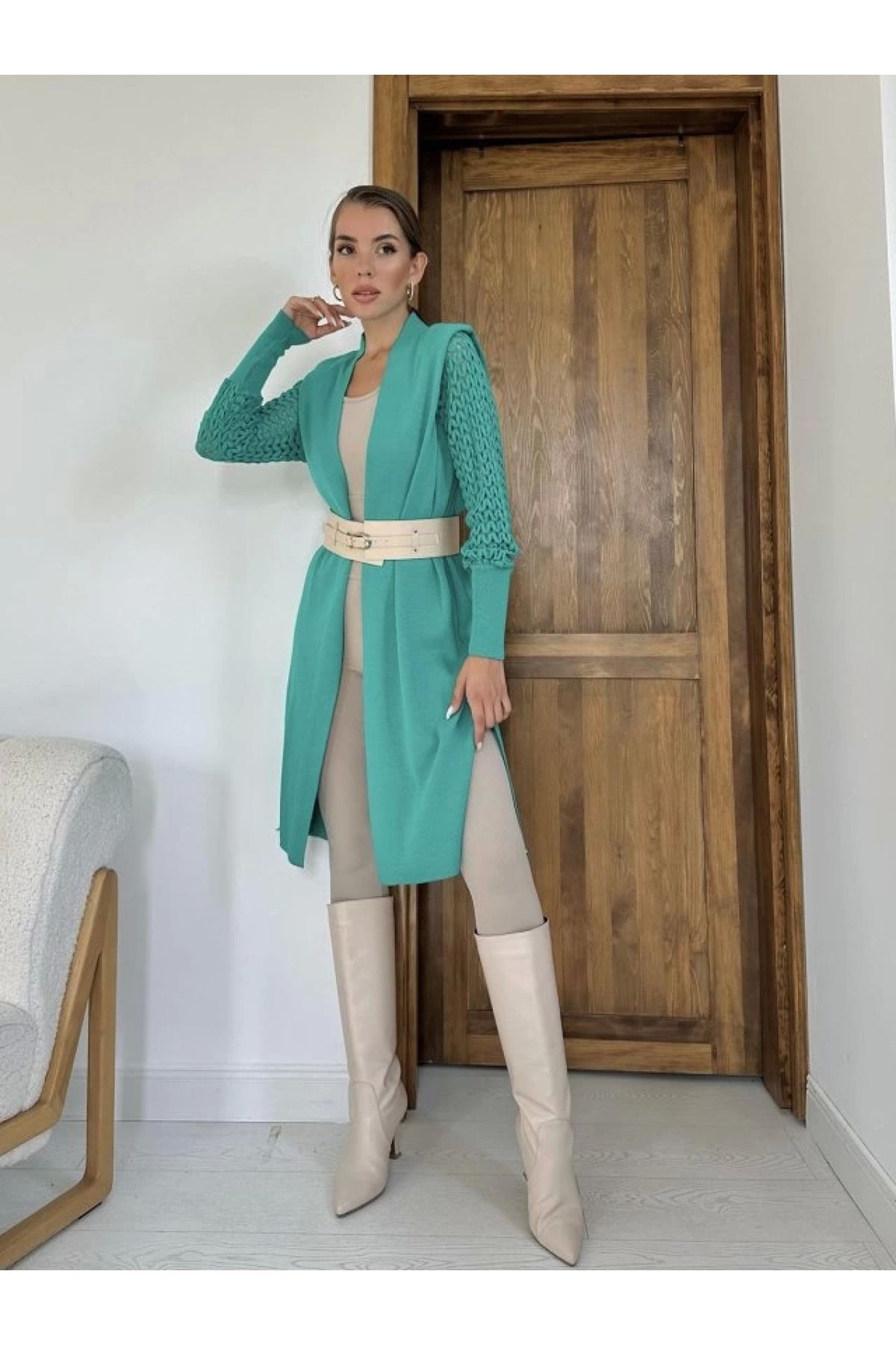 POLEXP Örgülü Yeşil Triko Hırka