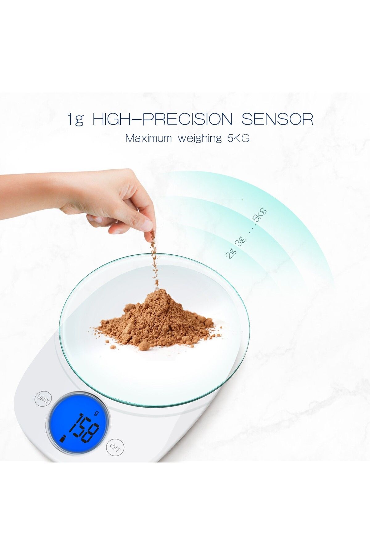 Sofia Concept-Cantar de bucatarie multifunctional, 5kg, Functie tara, Cantarire lichide, Control touch, Alb 3