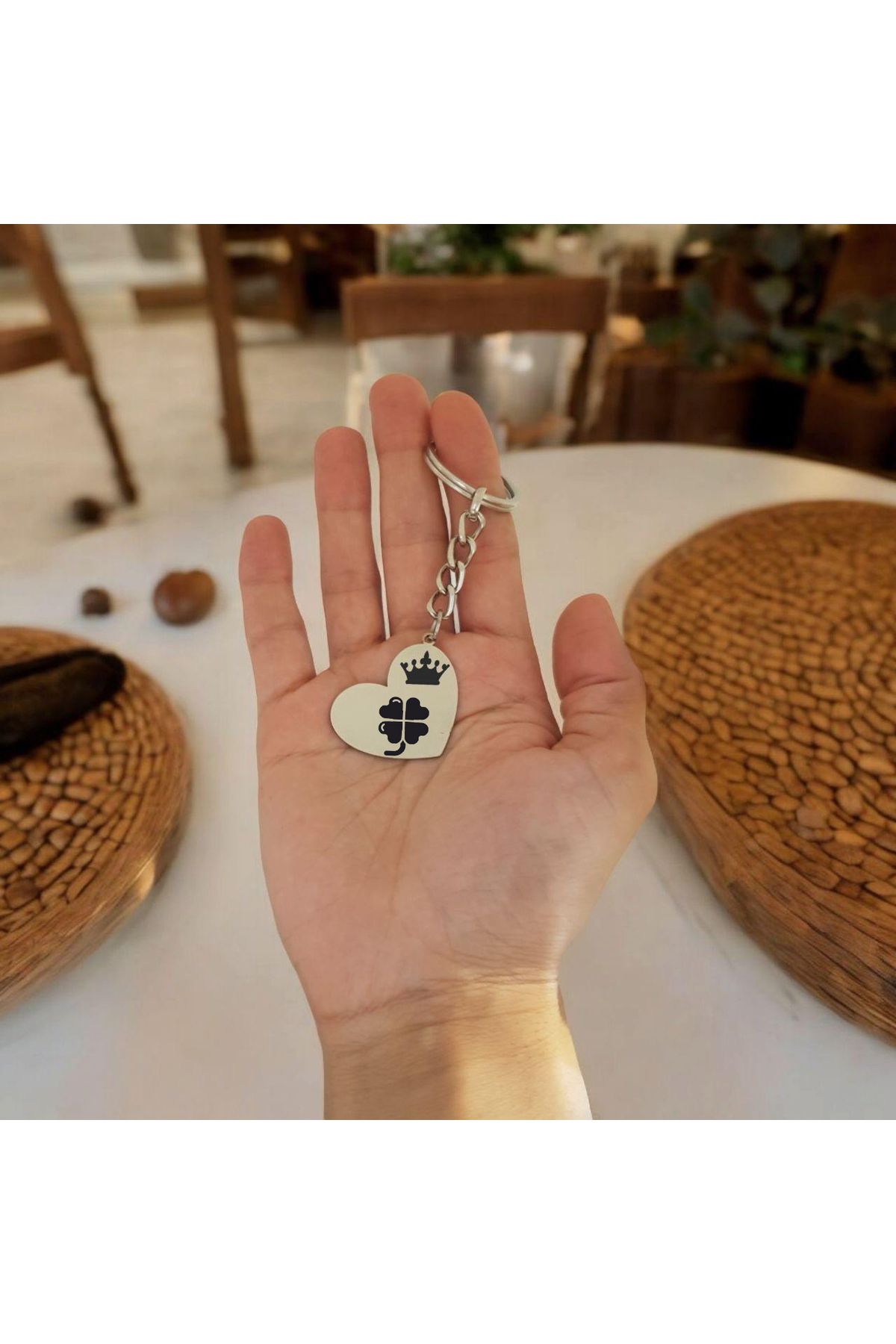 ARCHINO GOLD Kalpli Çiçek Temalı Paslanmaz Çelik Plakalı Kalp Motifli Zincirli Hediyeye Özel Anahtarlık-487sembol