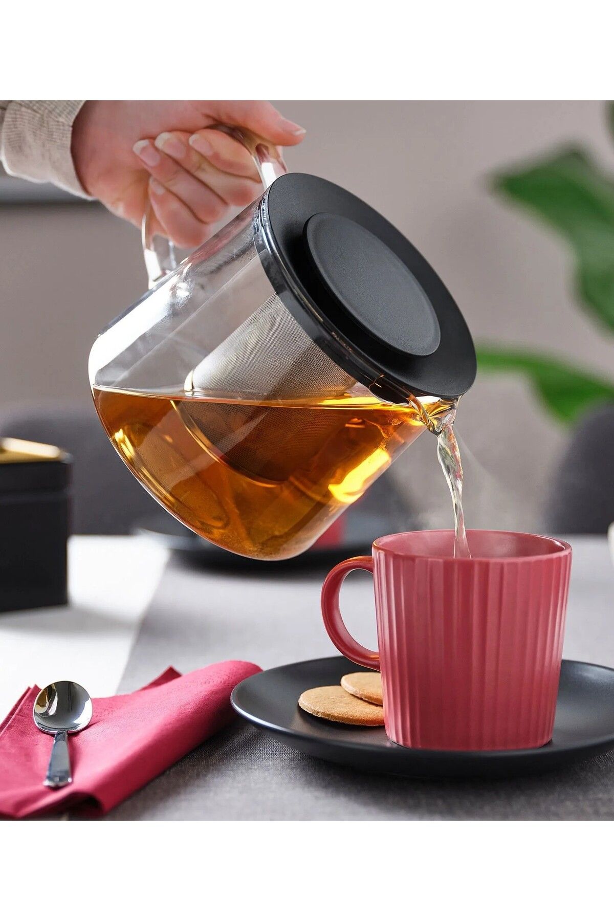 IKEA KALİTELİ Süzgeçli Cam Demlik Hacim 1,5 Litre İkea Bitki Çayı Demliği Şeffaf Yükseklik 13 Cm