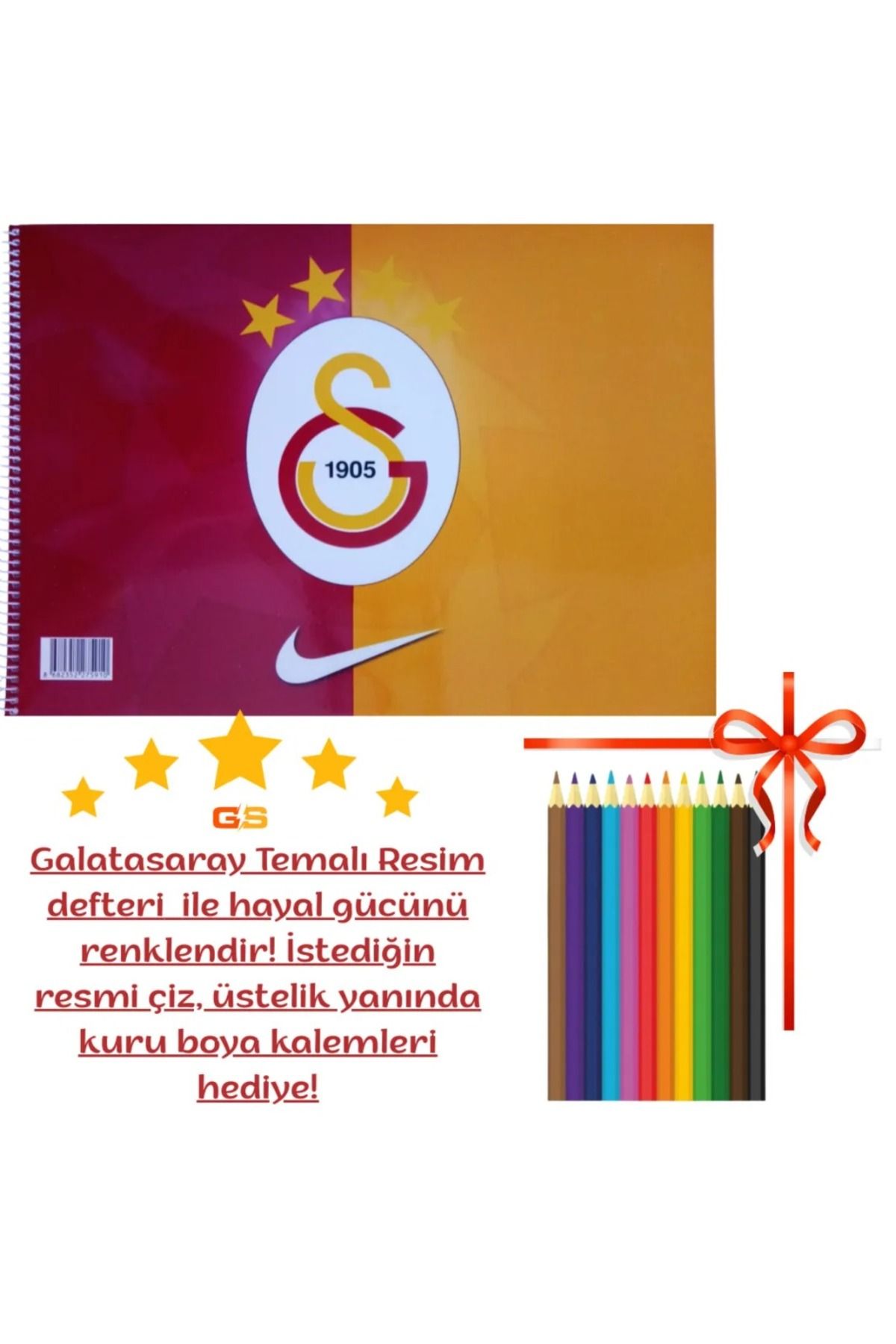 booddie Resim Defteri 33*23 cm Galatasaray Temalı Sarı Kırmızı Büyük Boy 15 sayfa 12'li Kuru Boya Hediyeli