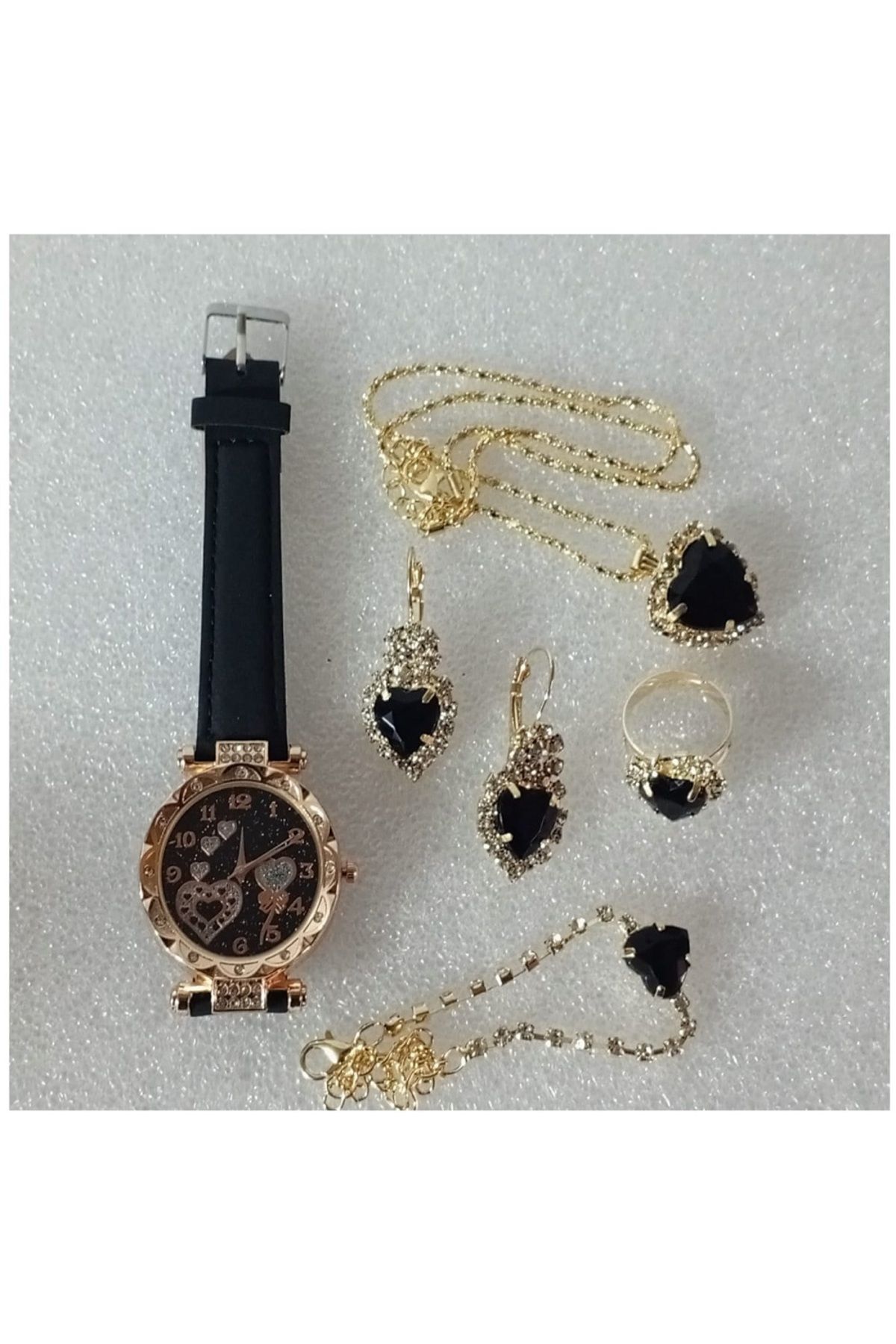 orco ( 6 X PARÇA ) TIME BLACK HEARTSAAT + KALP KUPE +KOLYE + BİLEKLİK + YÜZÜK TAKI SETİ SİYAH KALP