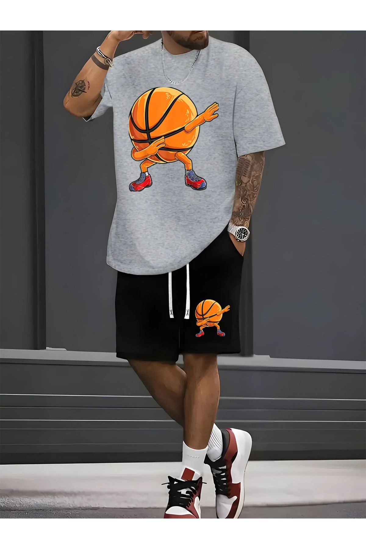 aynewmoda Erkek Kısa Kollu Karikatür Basketbol Baskılı Tişört ve Şort Bel Bantlı