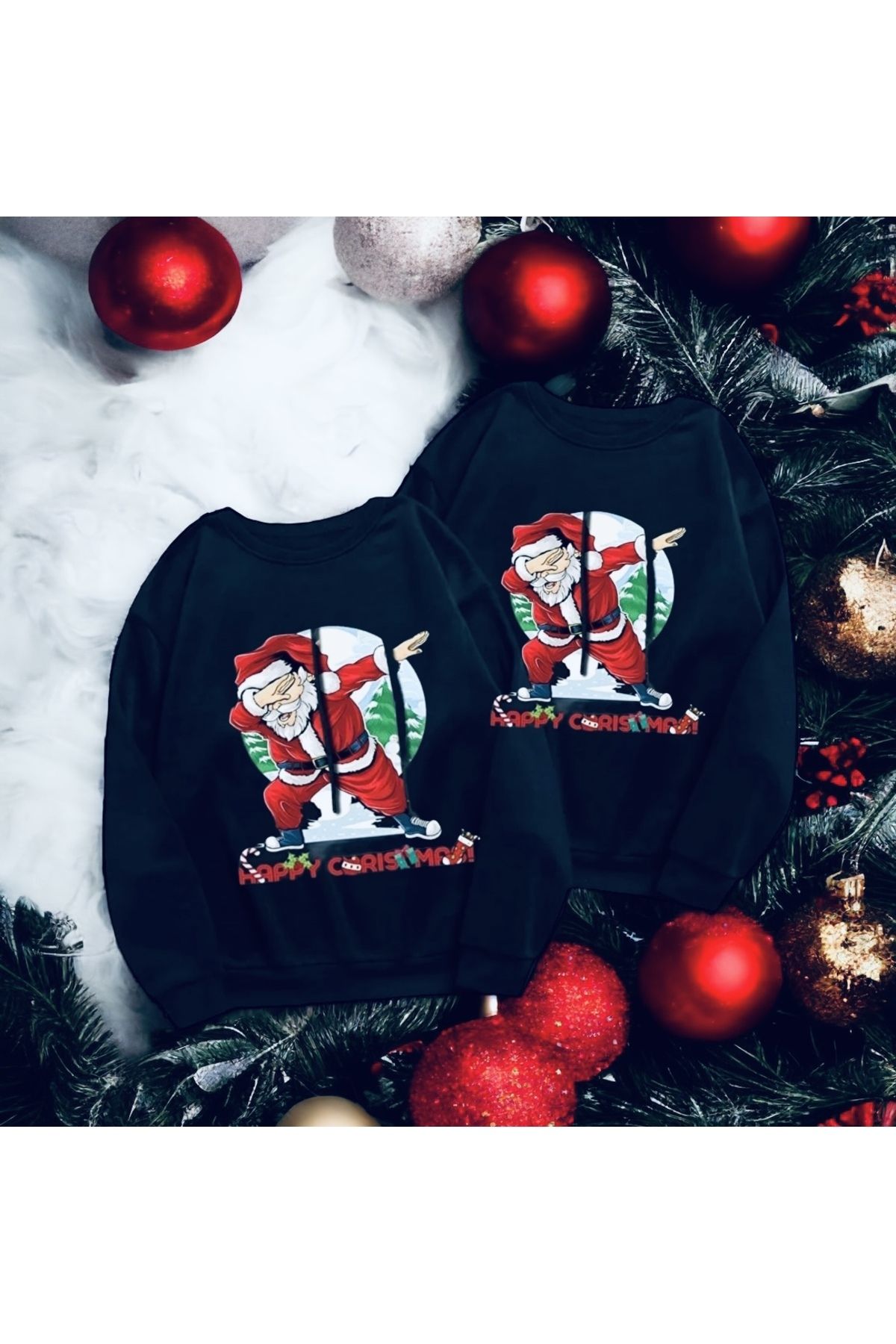 Pisa Art Sevgili Kombini Yılbaşı Noel Baba Baskılı Siyah Sweatshirt