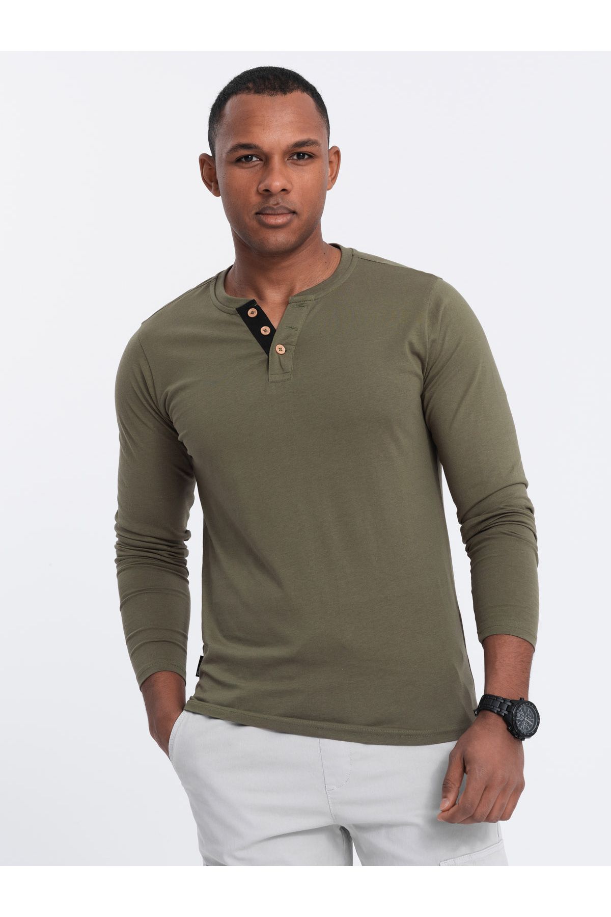 OMBRE-Herren Langarmshirt aus Baumwolle mit Knöpfen am Halsausschnitt - Dunkeloliv V1 OM-LSCL-0107 L 4