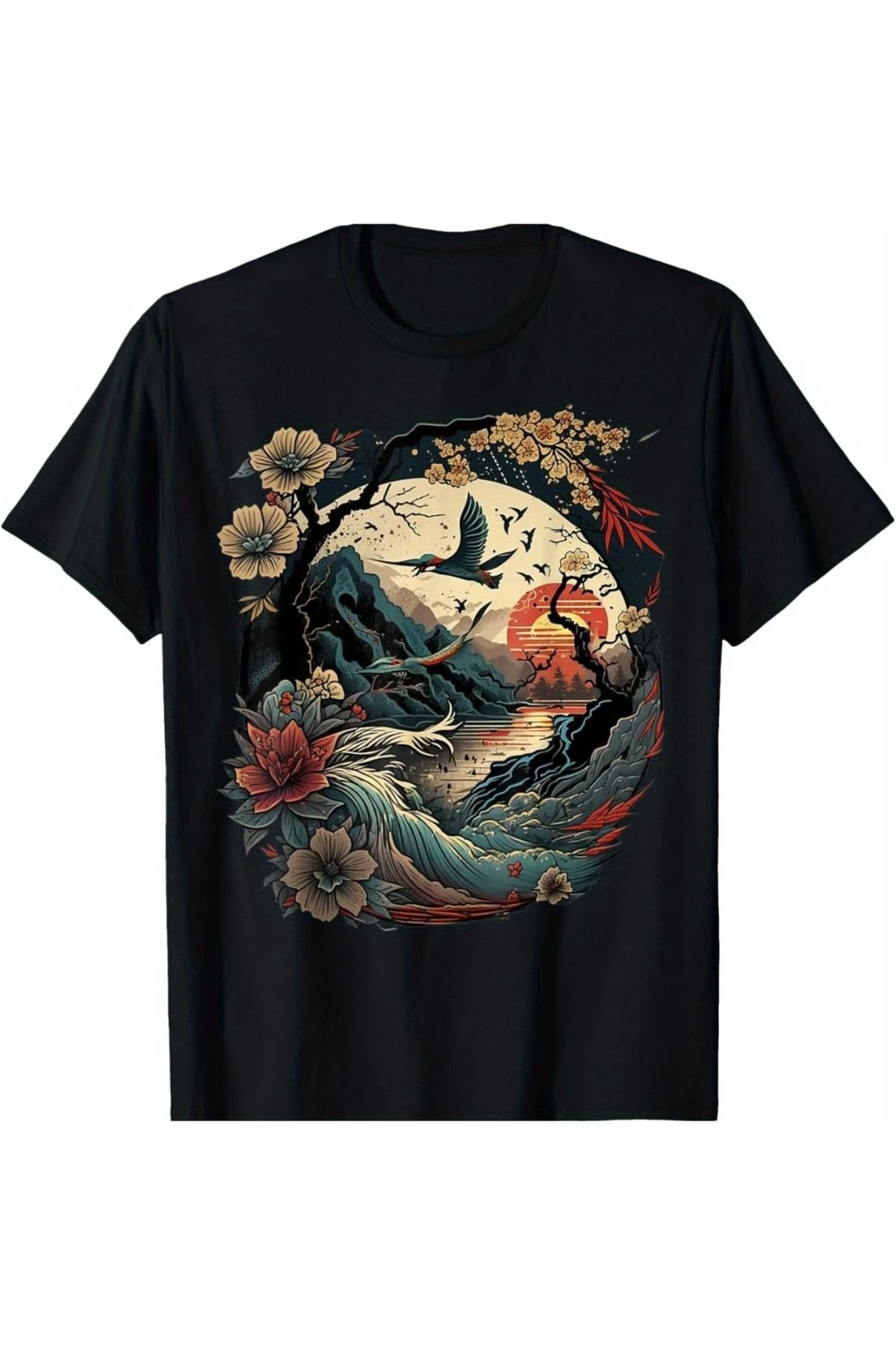 aynewmoda Erkek Retro Japon Sanat Baskılı Kuşlar ve Kiraz Çiçekleri Bol Kesim Yuvarlak Yaka Tişört