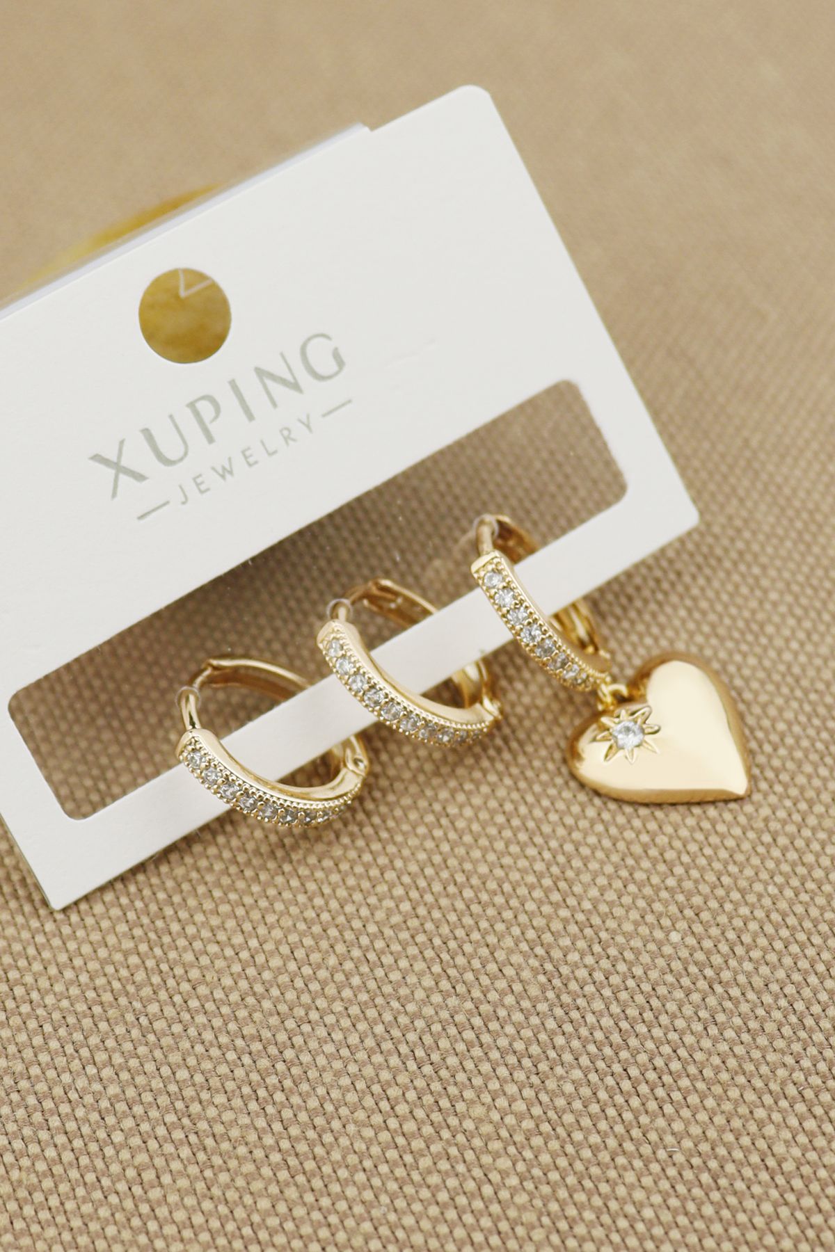 Keyifli Hayaller Xuping Vip Küpe - 3lü Kombin Kalpli Zirkon Taşlı Kararmaz Solmaz Xuping Marka 1cm Halka Klipsli Küpe