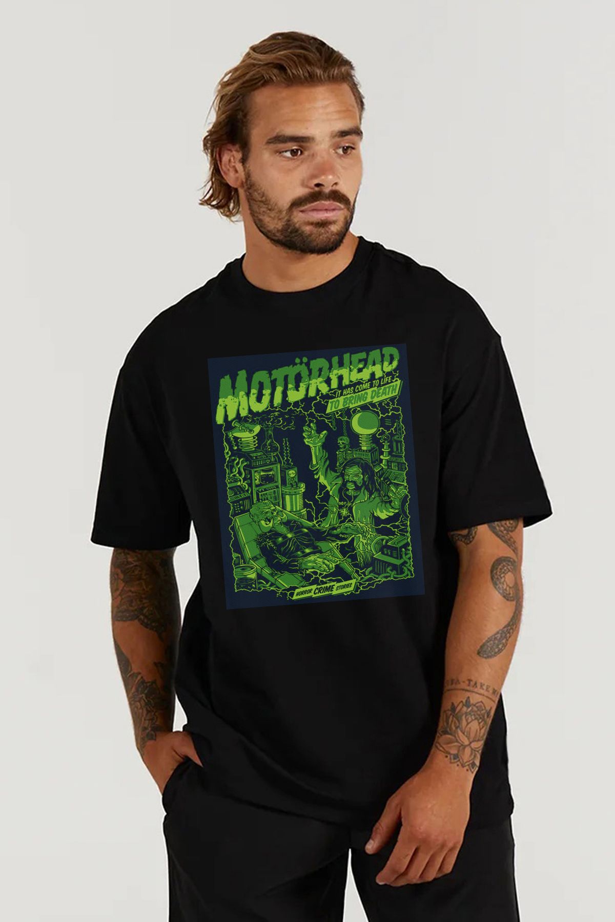 MODA Motörhead Heavy Metal Baskılı Oversize Kalıp Siyah Geniş Bol Kesim Erkek Tişört