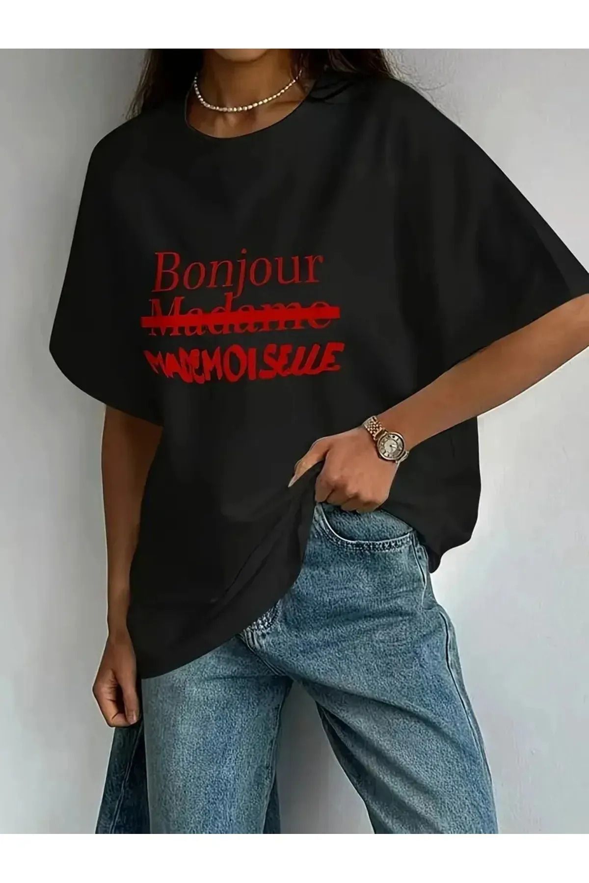Koklonmoda Büyük Beden Unisex Bonjour Baskılı Oversize T-Shirt