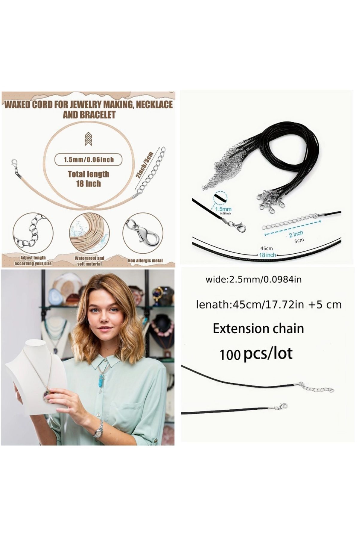 orco ( 4 SİYAH + 2 HAKİ ) 6 ADET 50.8CM MUMLU SUNİ DERİ KOLYE İPİ TOKALI (KİTLEME ÇENGELLİ)